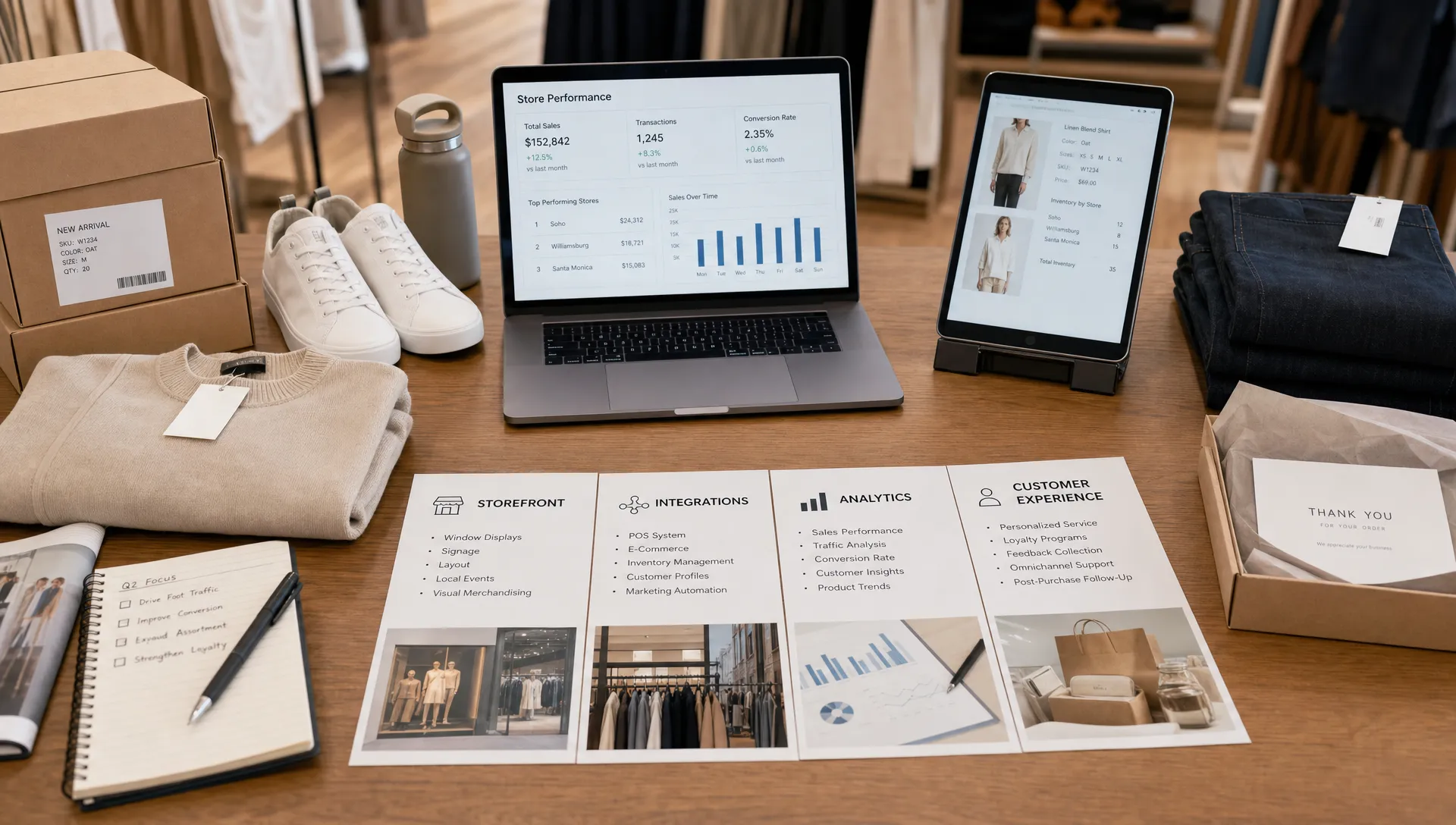 A retail planning table holds product samples, order boxes, and labeled cards for storefront performance, integrations, analytics, and customer experience.