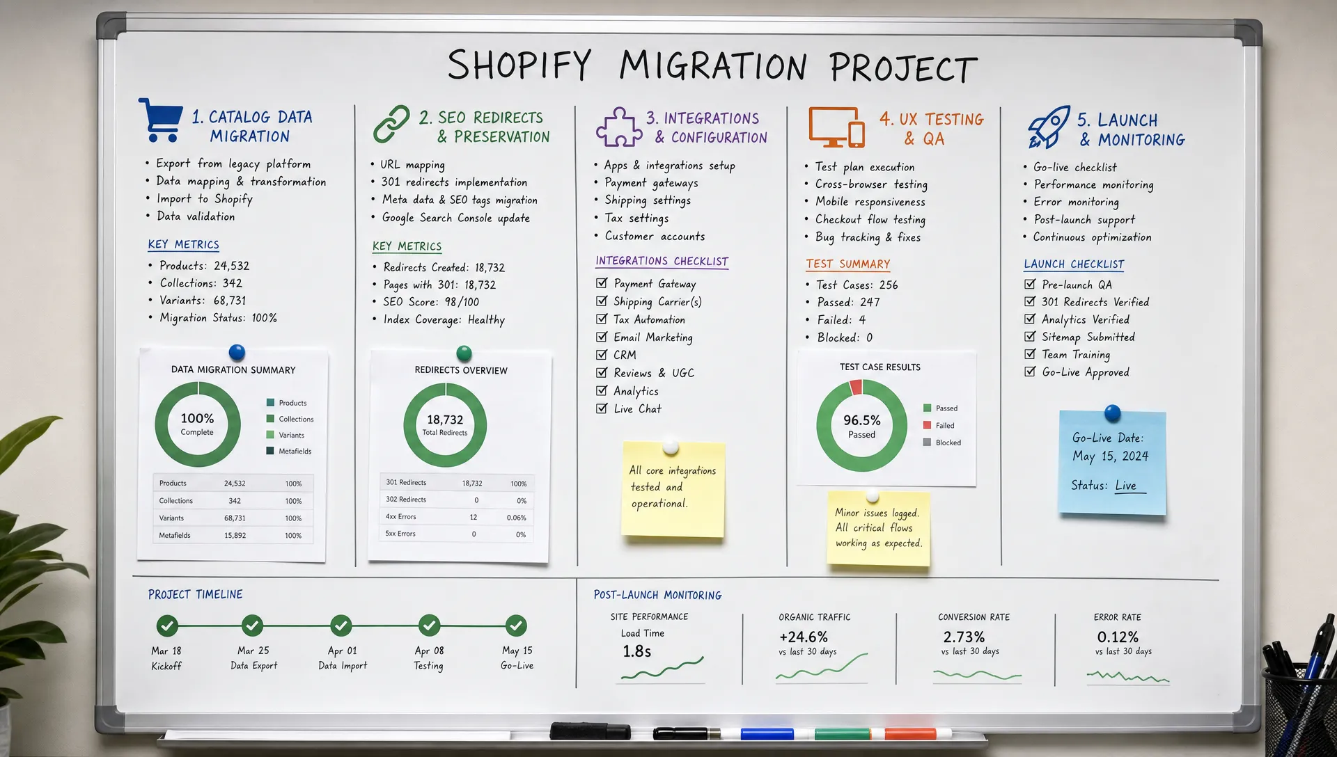 A retail migration project board shows catalog data, SEO redirects, integrations, UX testing, and launch monitoring for a Shopify migration.