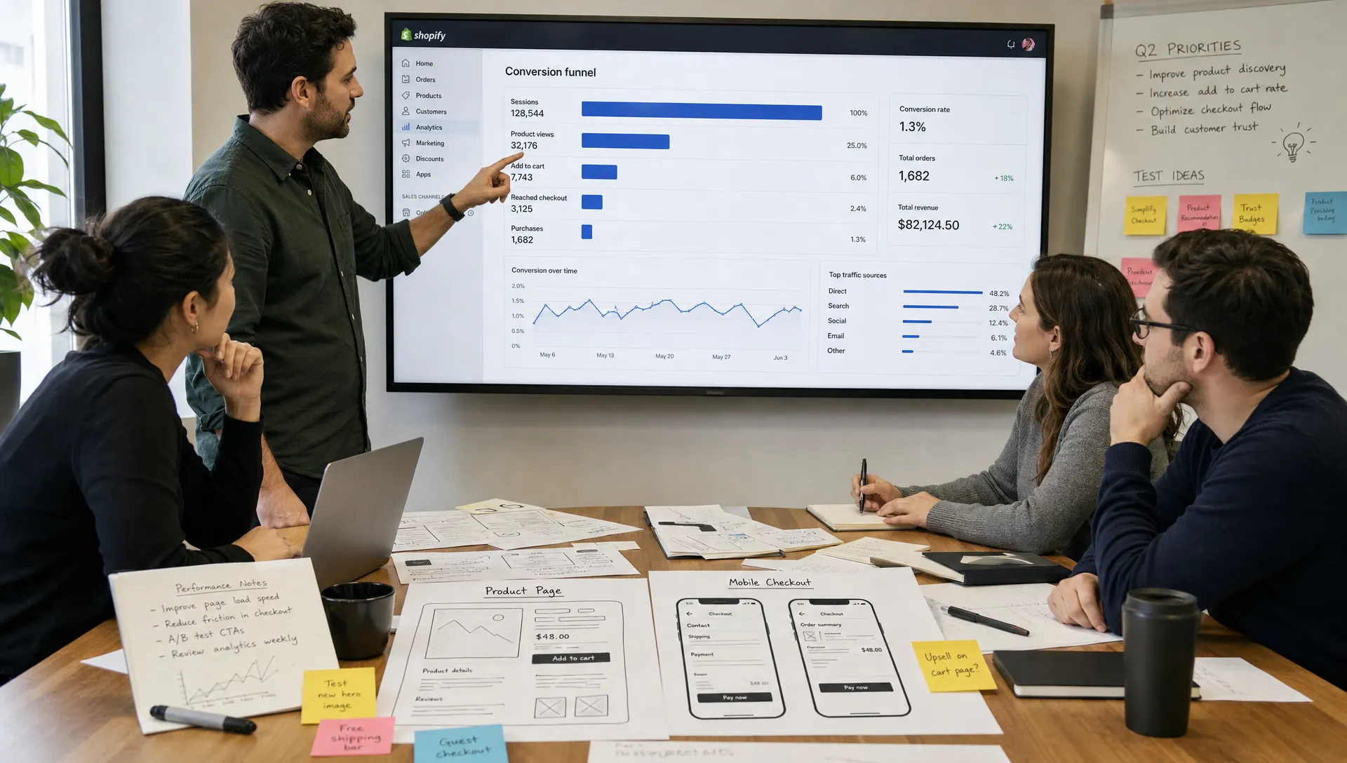 A Shopify ecommerce team reviews a conversion funnel on a wall dashboard while product page sketches, mobile checkout screens, and performance notes cover the table.
