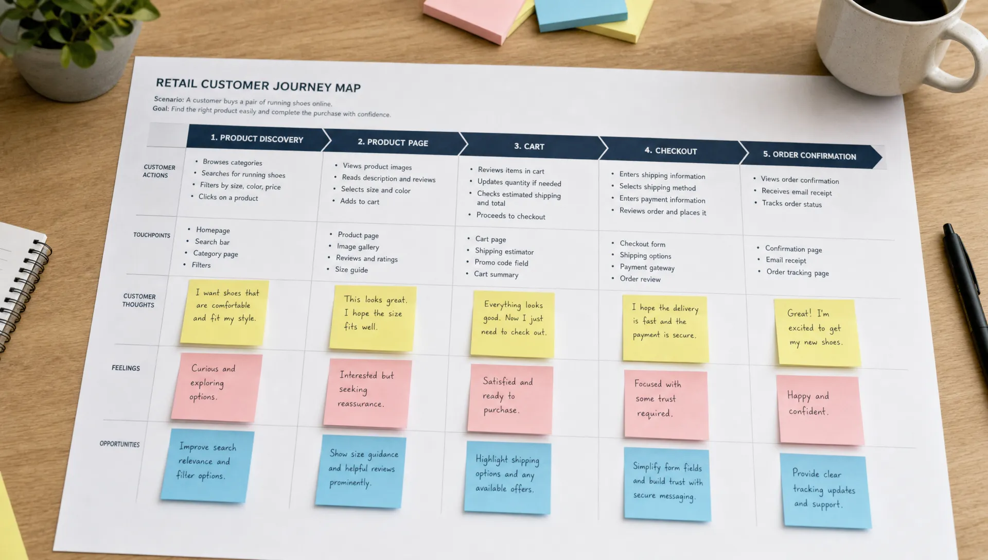 A retail journey map spread across a table with product discovery, product page, cart, and checkout stages marked by sticky notes.