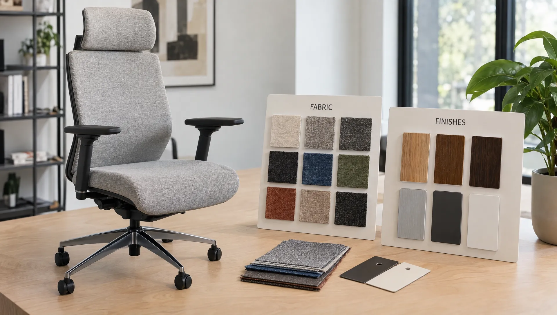 A configurable chair sits beside fabric swatches and finish samples, showing the product options an ecommerce agency must connect to accurate pricing and availability.