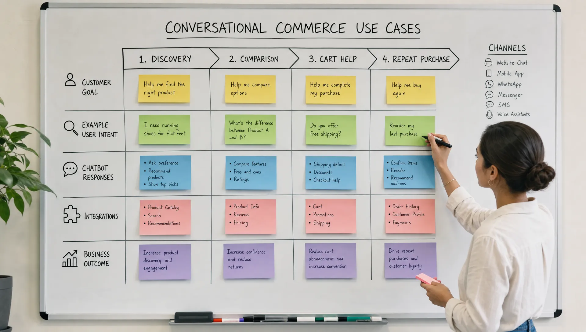 A retail planning board maps conversational commerce use cases from discovery to comparison, cart help, and repeat purchase.