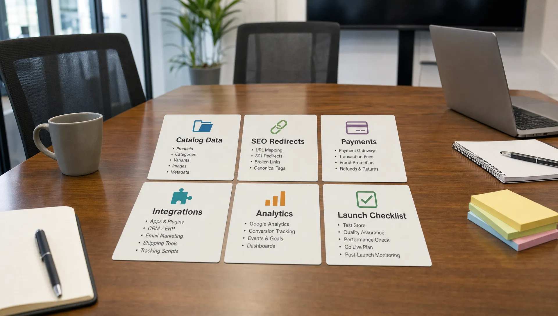 A conference table holds cards for catalog data, SEO redirects, payments, integrations, analytics, and a launch checklist for a BigCommerce to Shopify migration.