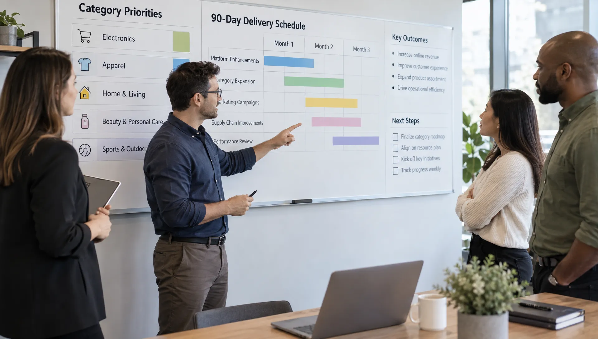 A retail team and ecommerce consultant compare category priorities and a 90-day delivery schedule on a wall-mounted planning board.