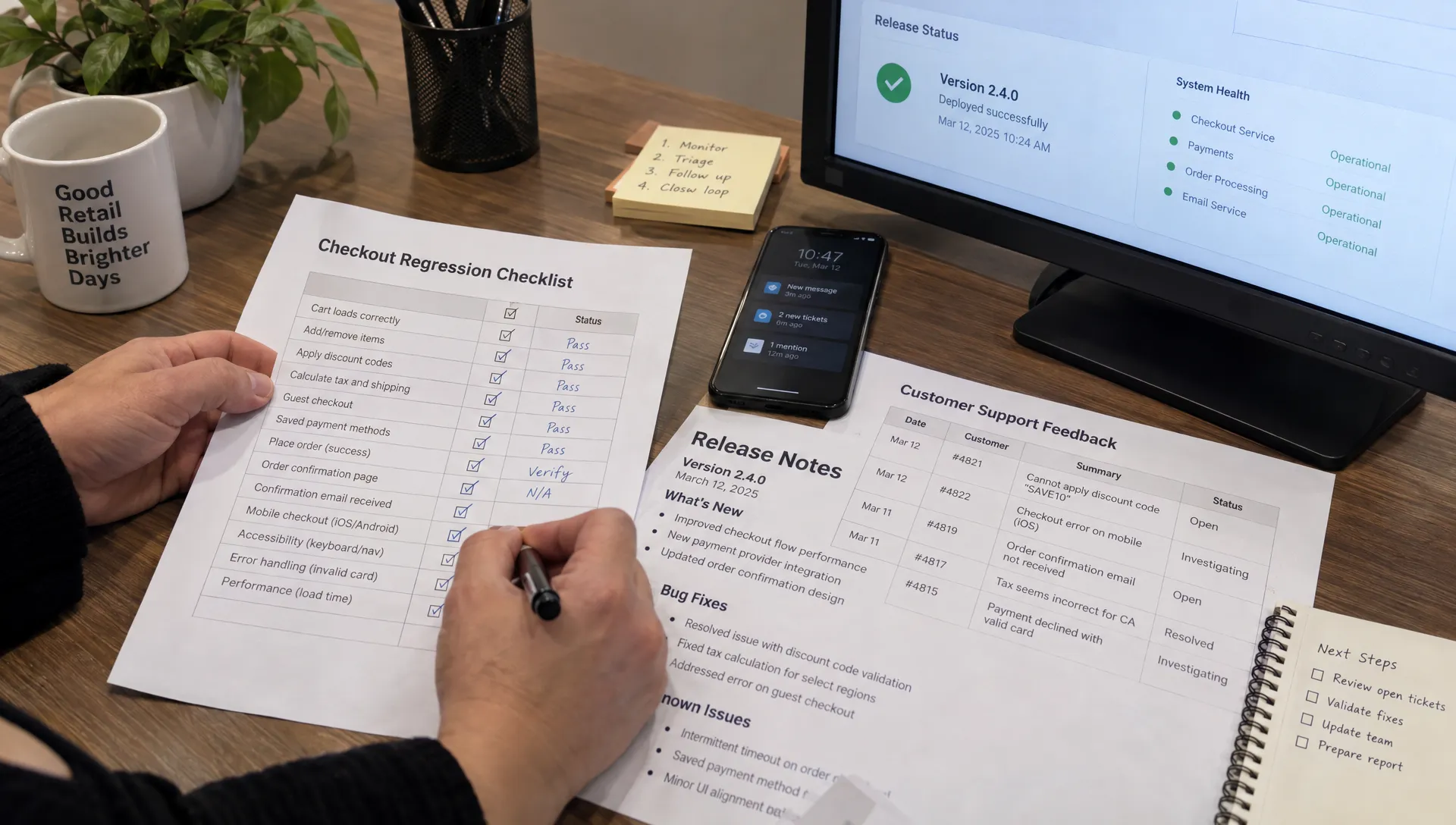 A retail team member marks a checkout regression checklist beside release notes and support feedback to protect improvements after launch.
