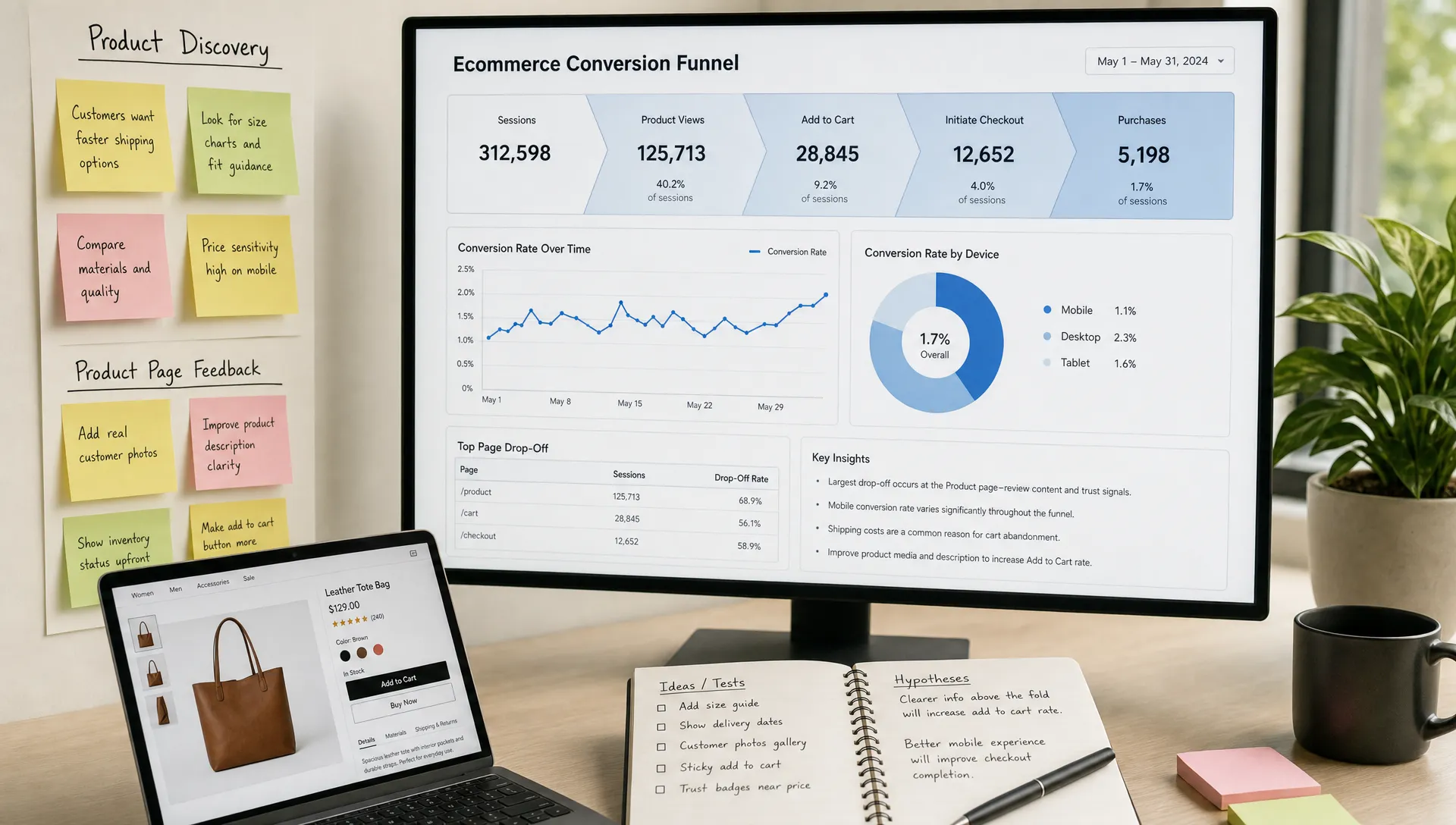 A retail analytics workspace shows product discovery notes, product page feedback, and funnel metrics for improving conversion rate.