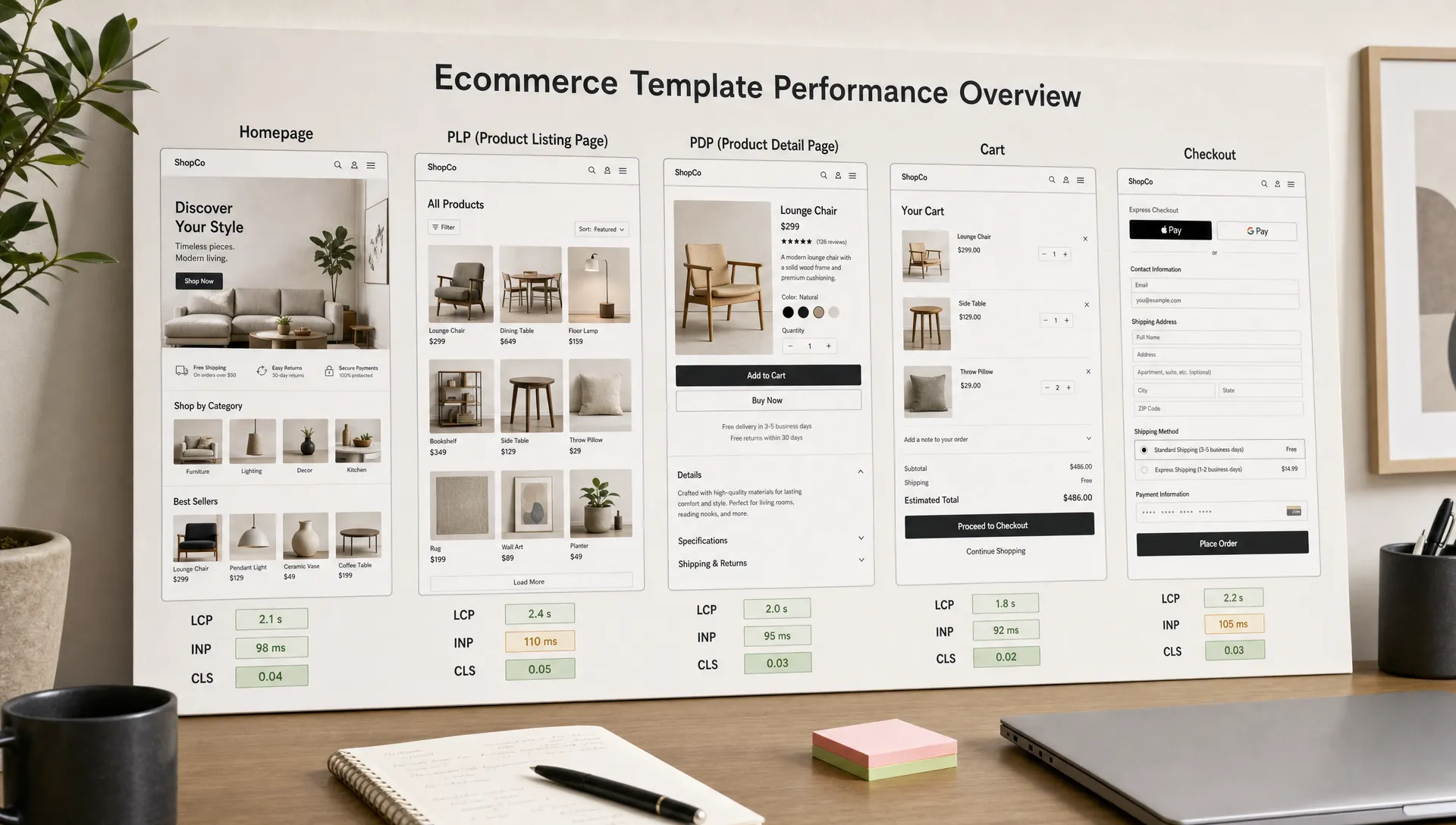 A tabletop board shows ecommerce template cards for homepage, PLP, PDP, cart and checkout with LCP, INP and CLS labels beside them.