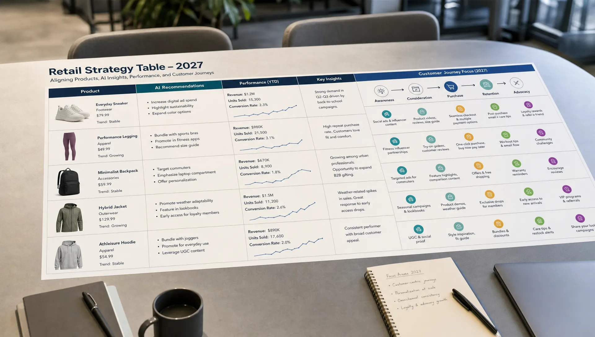 A retail strategy table holds product data, AI recommendations, performance notes, and customer journey planning for 2027.