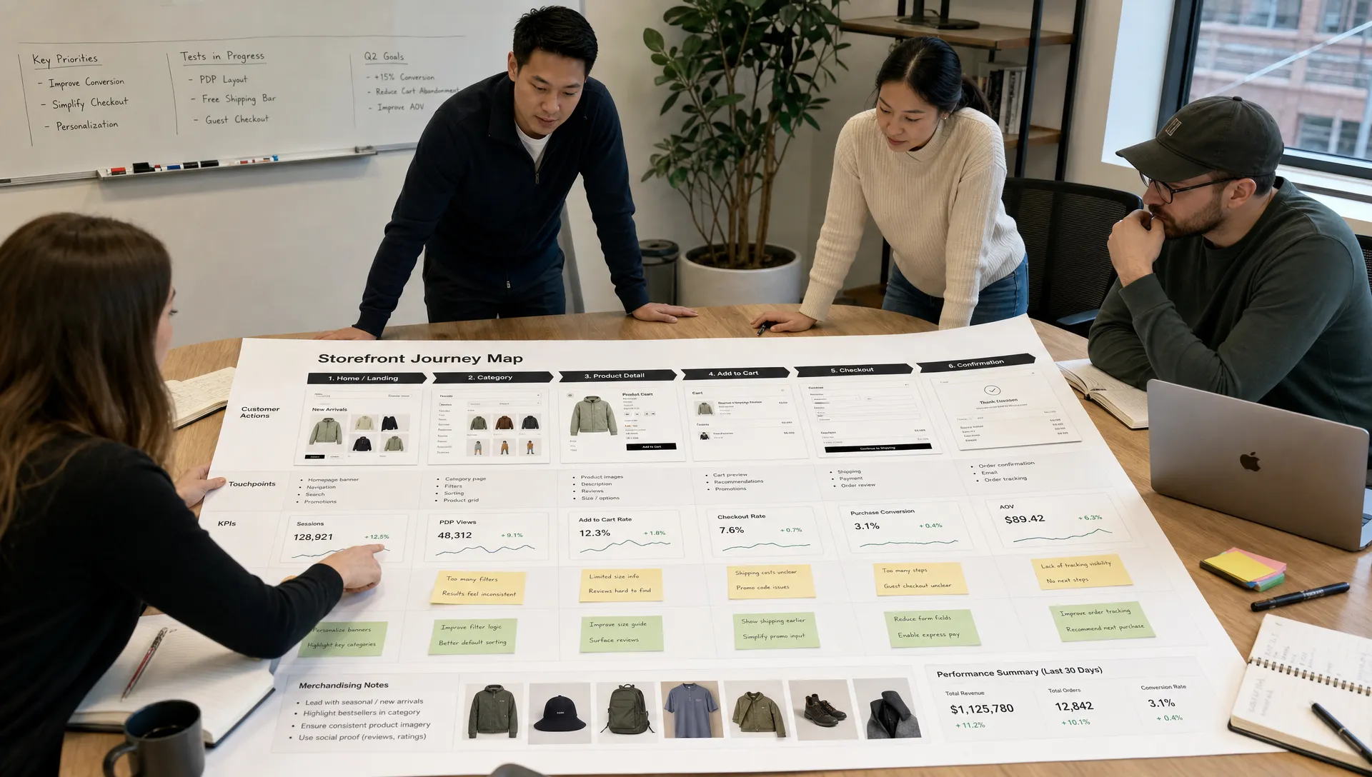 A retail ecommerce team reviewing a storefront journey map with product cards, checkout steps, performance metrics, and merchandising notes arranged on a large table.