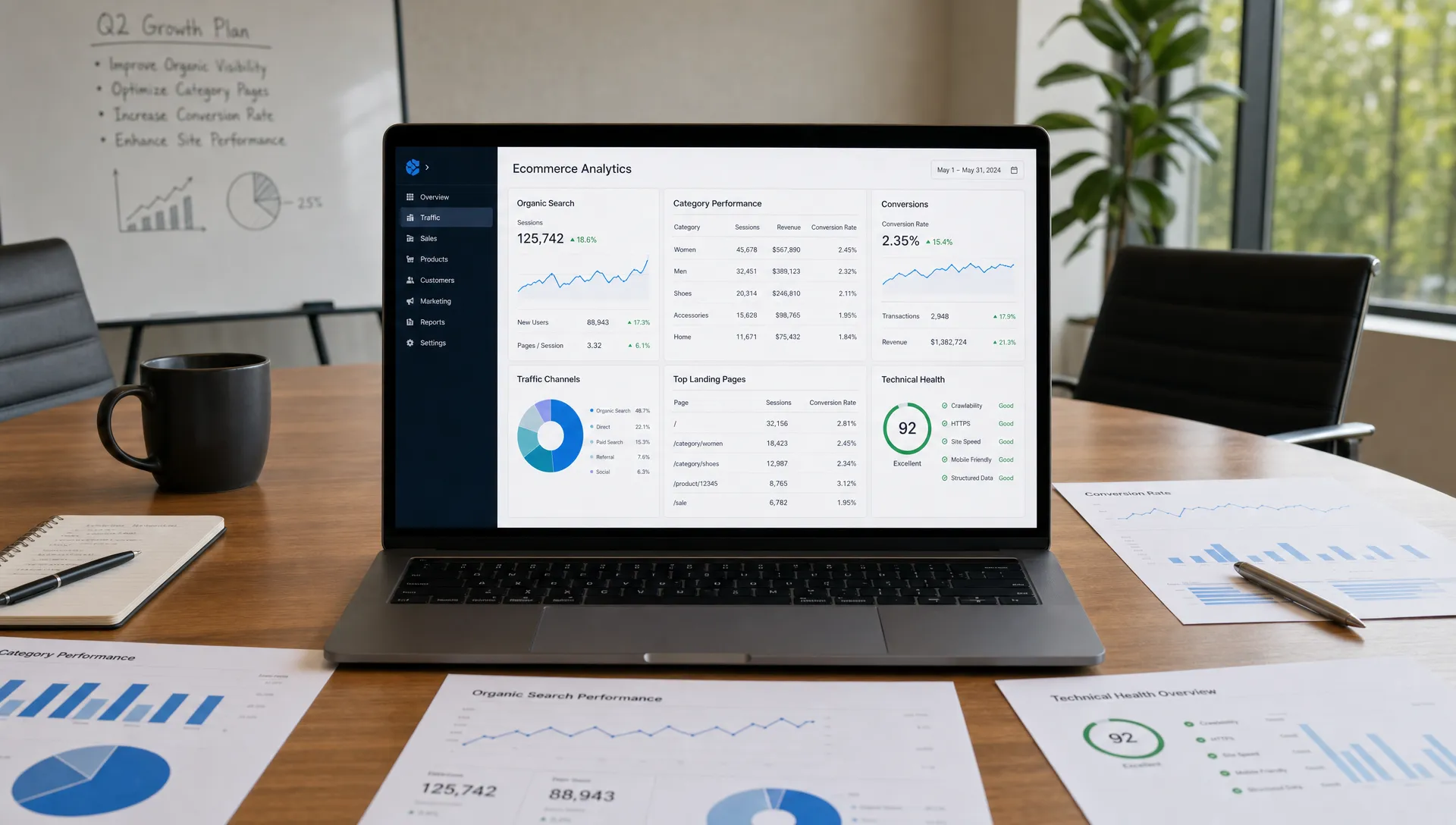 An ecommerce analytics workspace showing organic search metrics, category performance, conversion data, and technical health indicators spread across a table in a meeting room, with charts on paper and a laptop screen facing the camera.