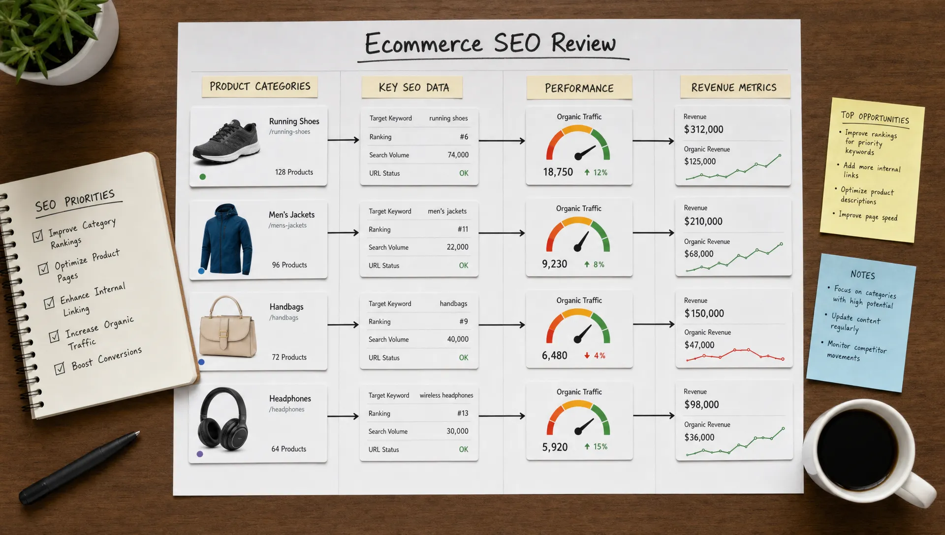 A tabletop planning board showing product category cards, structured data labels, performance gauges, and revenue metrics connected together for an ecommerce SEO review.
