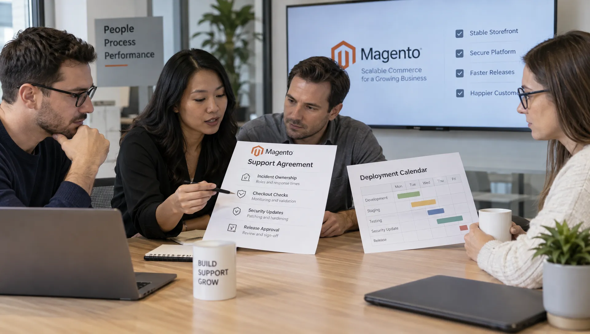 A retail operations team reviews a printed Magento support agreement and deployment calendar, discussing incident ownership, checkout checks, security updates and release approval.
