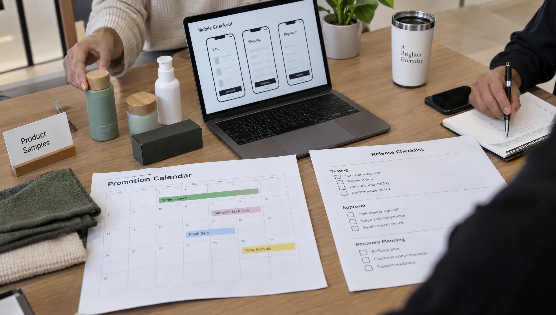 A retail team’s worktable holds product samples, mobile checkout wireframes, a promotion calendar, and a release checklist for testing, approval, and recovery planning.