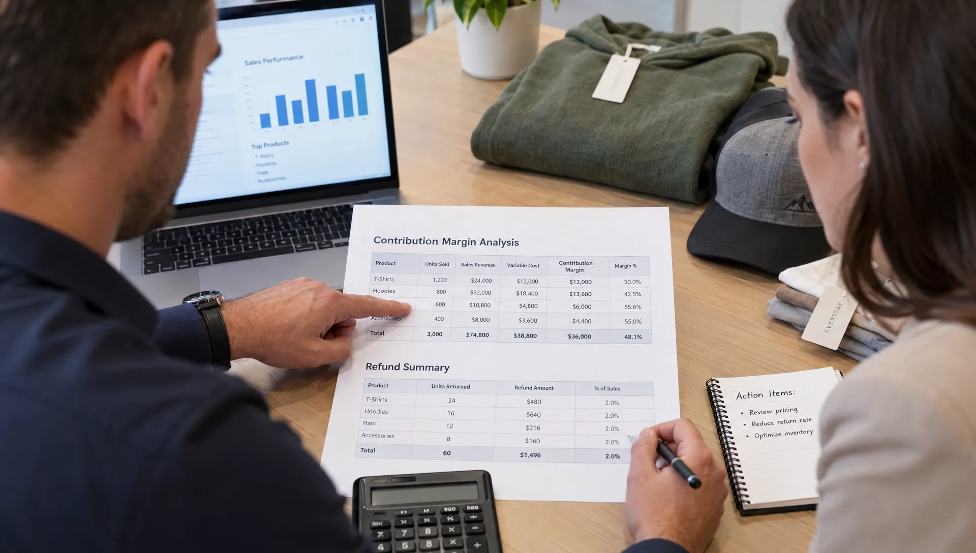 Retail colleagues examine contribution margins and refund figures alongside product samples to evaluate ecommerce PPC management services.