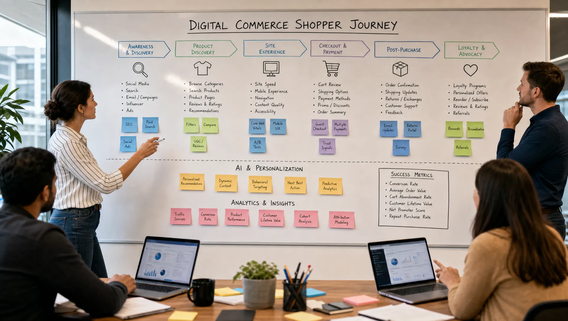 A retail digital commerce team mapping shopper journeys across product discovery, site performance, checkout, AI personalization, and analytics on a large planning board.