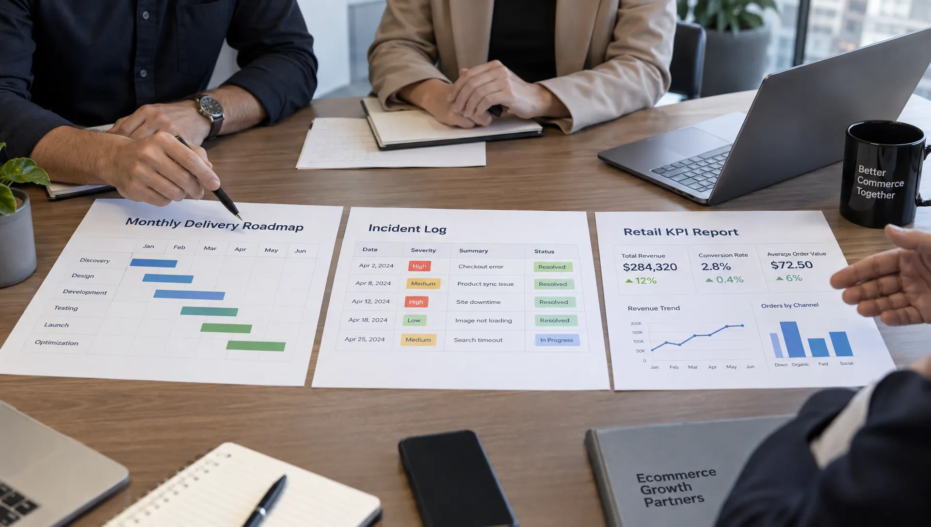 A monthly delivery roadmap, incident log and retail KPI report are reviewed together on a meeting table to assess an ecommerce agency retainer.