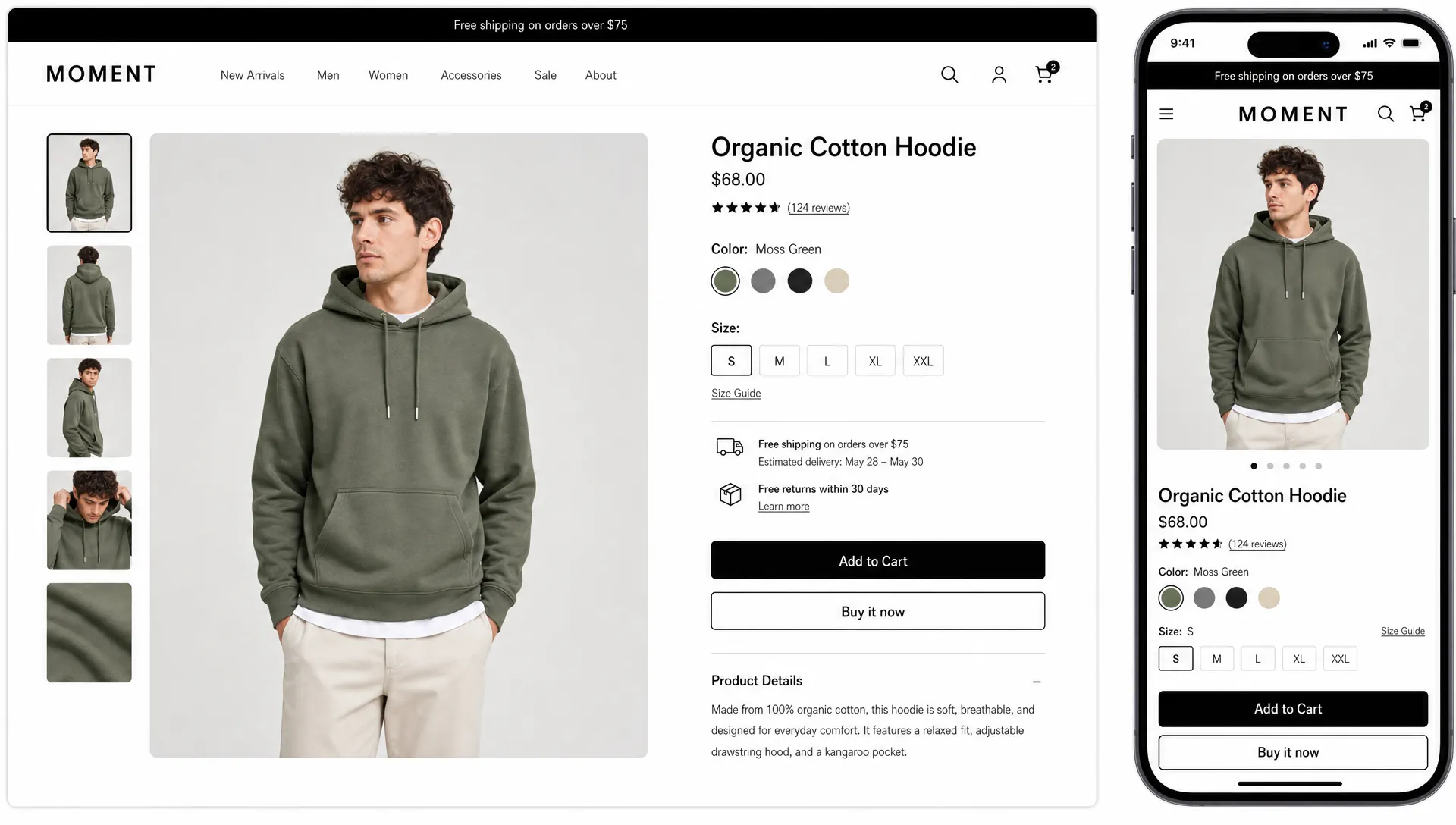 A Shopify product detail page appears on desktop and mobile screens with product photos, price, size options, shipping details, and an add to cart button.