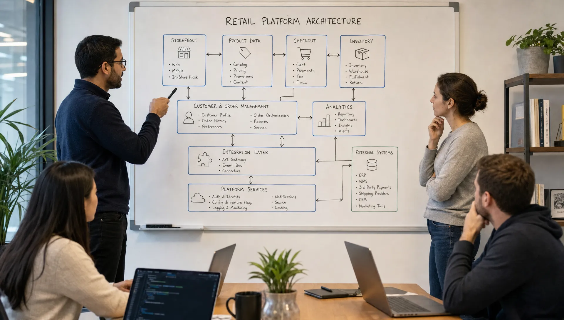 A retail technology team reviews a platform architecture board with systems for storefront, product data, checkout, inventory, analytics, and customer experience.