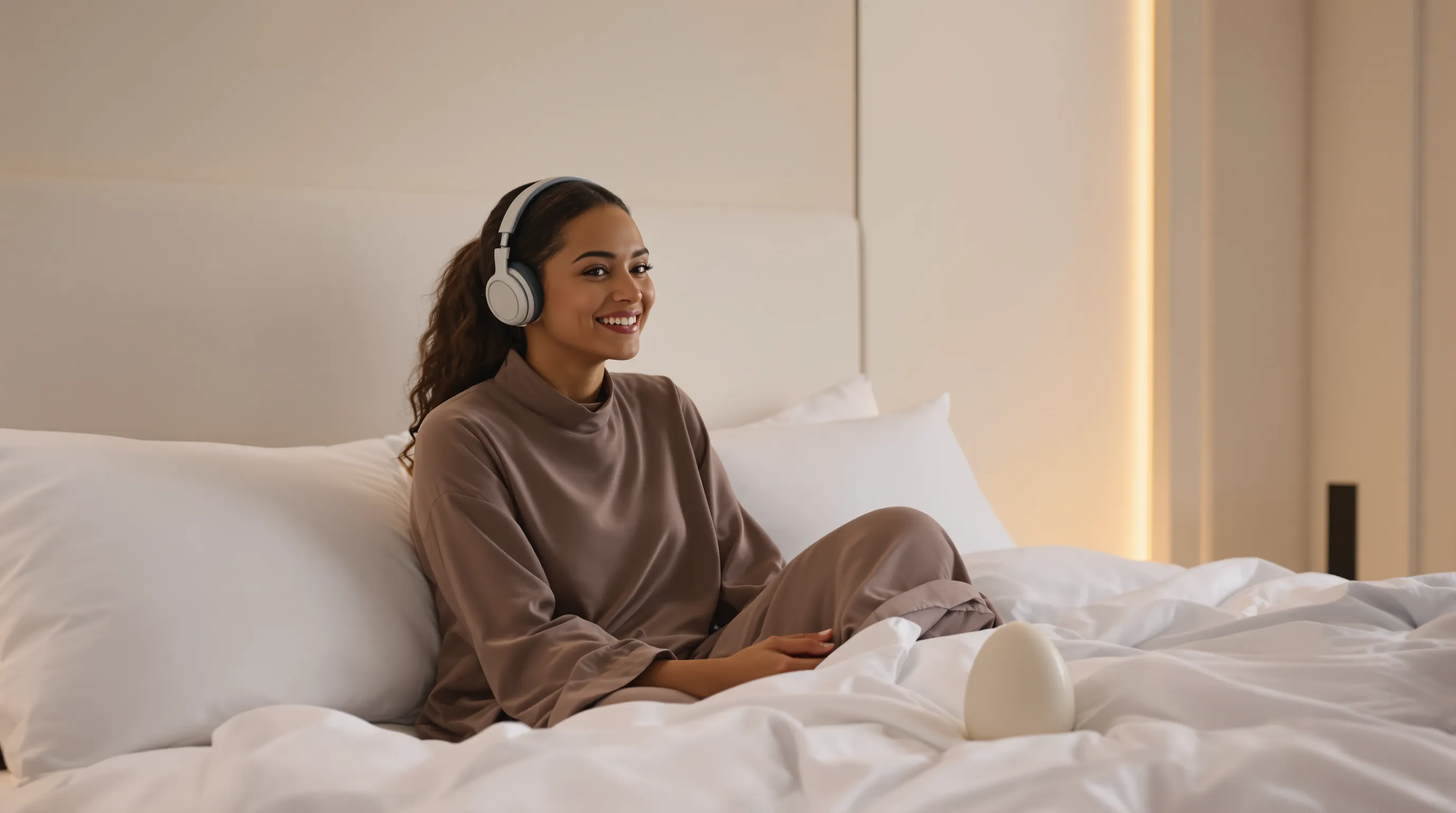 A woman wearing noise-canceling headphones in a stylish bedroom, smiling at a discreet app-controlled egg vibrator resting on the duvet.