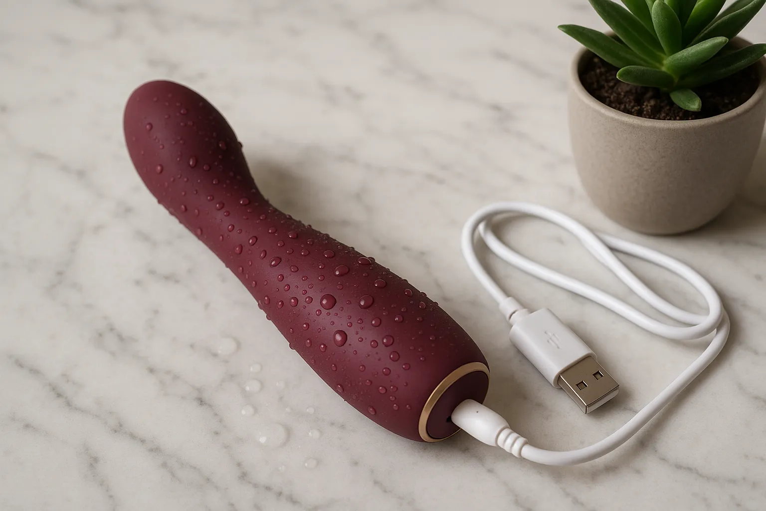 Close-up of a waterproof rechargeable vibrator resting on a marble countertop next to a USB-C charging cable and a small potted plant, illustrating modern intimate tech in a tasteful environment.
