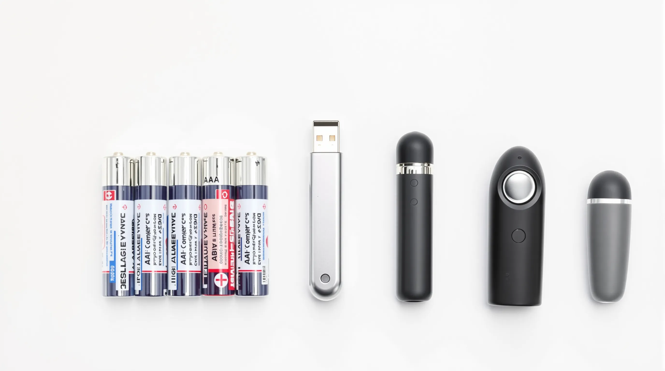 Flat lay of assorted AA and AAA batteries next to a sleek USB magnetic charging cable and two different styles of vibrators, highlighting the comparison between disposable and rechargeable power sources.