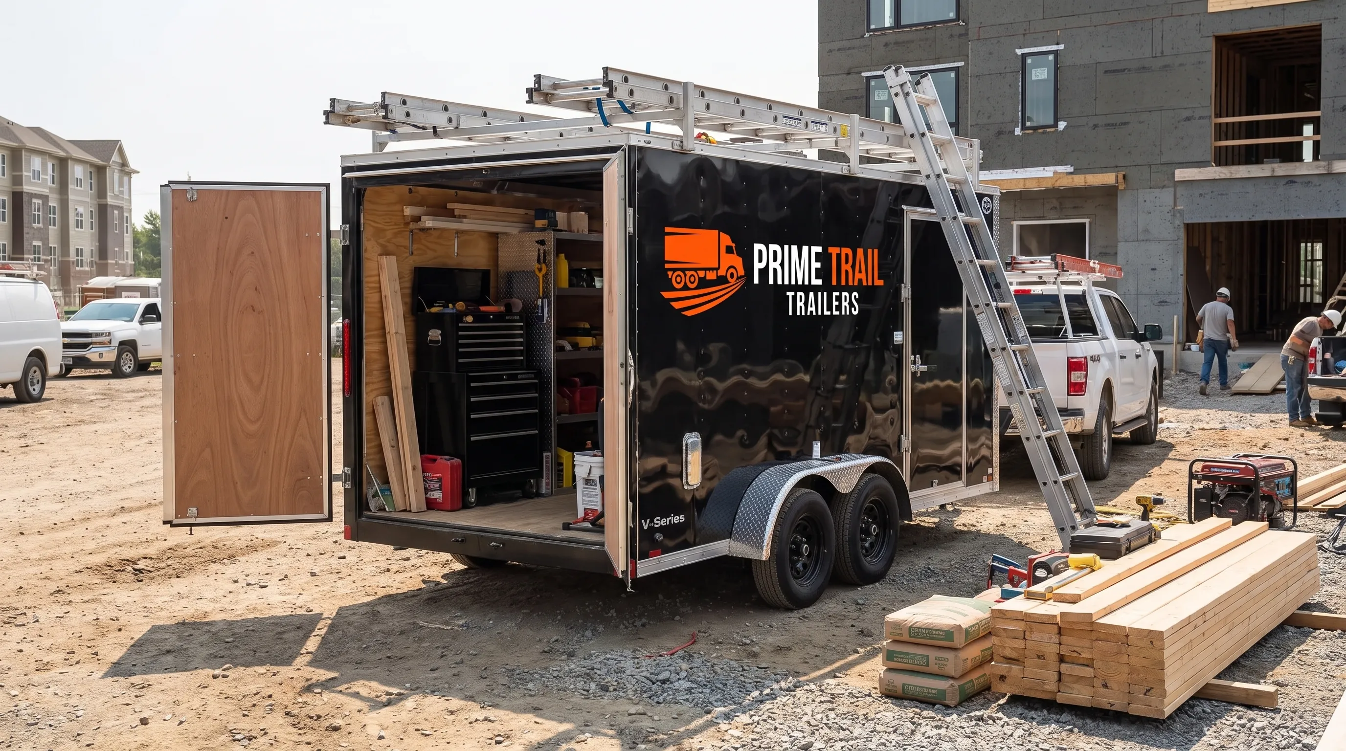 A box trailer at a contractor jobsite has open rear doors, ladders on the roof racks and building materials staged beside it.