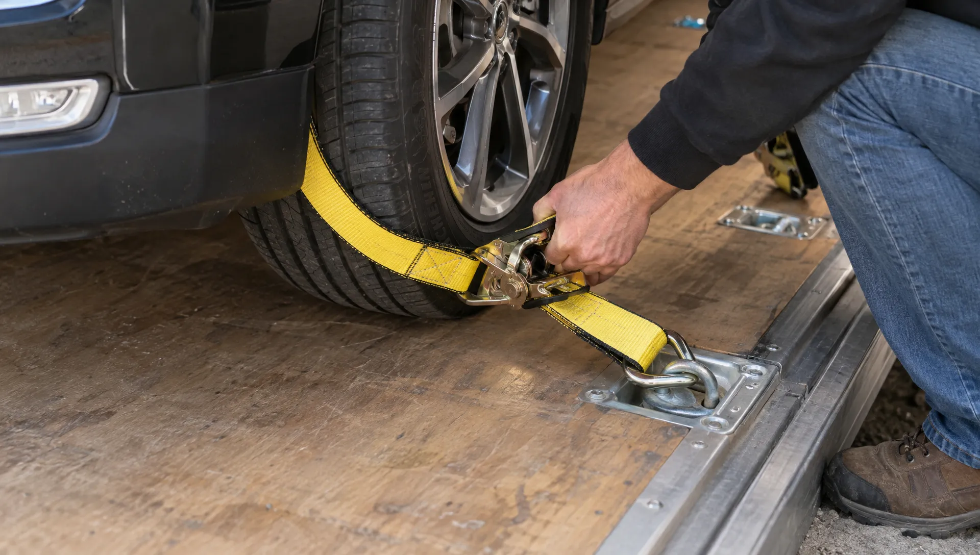 Hands fastening a wheel restraint around a car tire inside an enclosed trailer during securement.