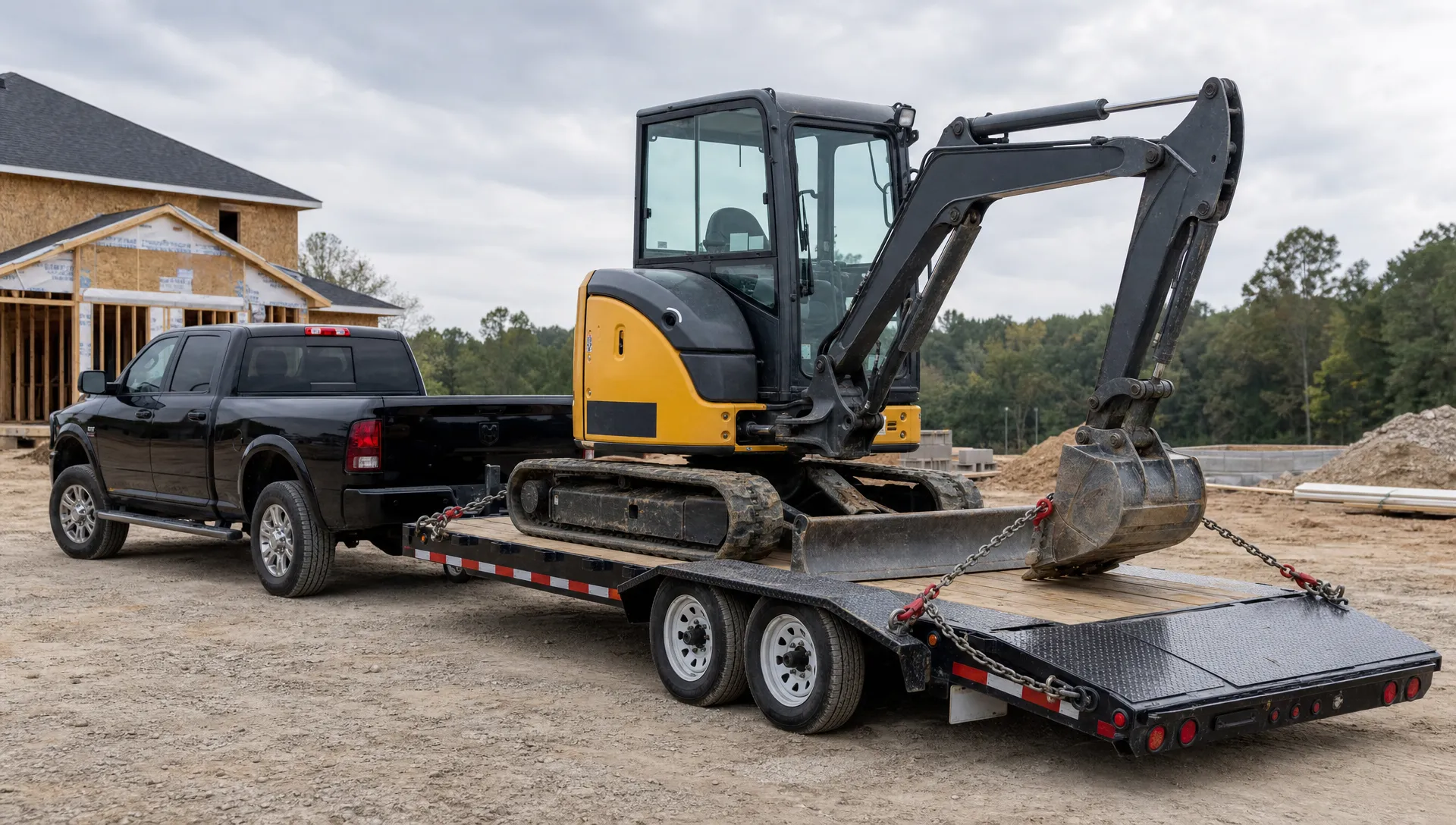 A compact excavator sits aligned on a tilt trailer at a construction jobsite with tie-down chains ready and a pickup truck attached in front.