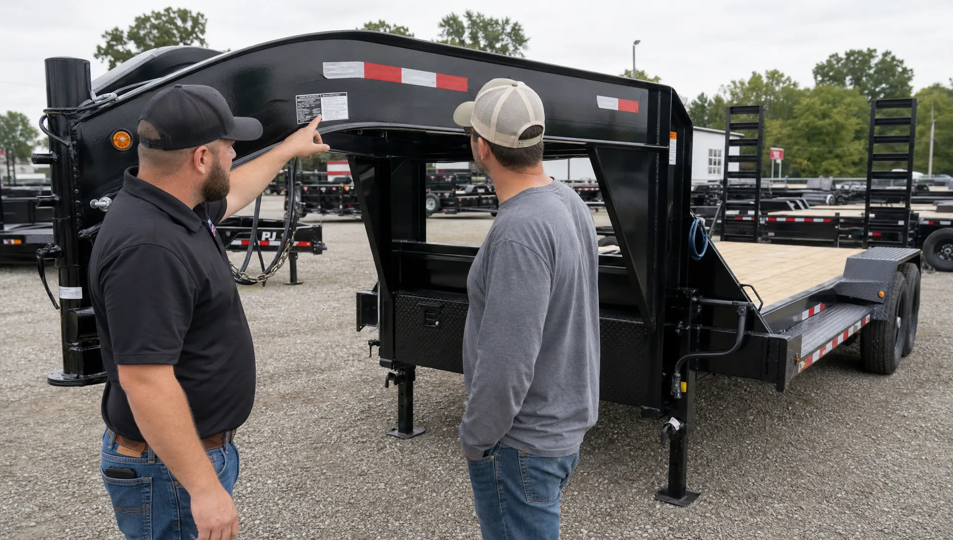 A buyer and salesperson inspect a gooseneck equipment trailer’s identification plate and coupler on a dealership lot, with its deck, ramps, tires and landing legs in view.