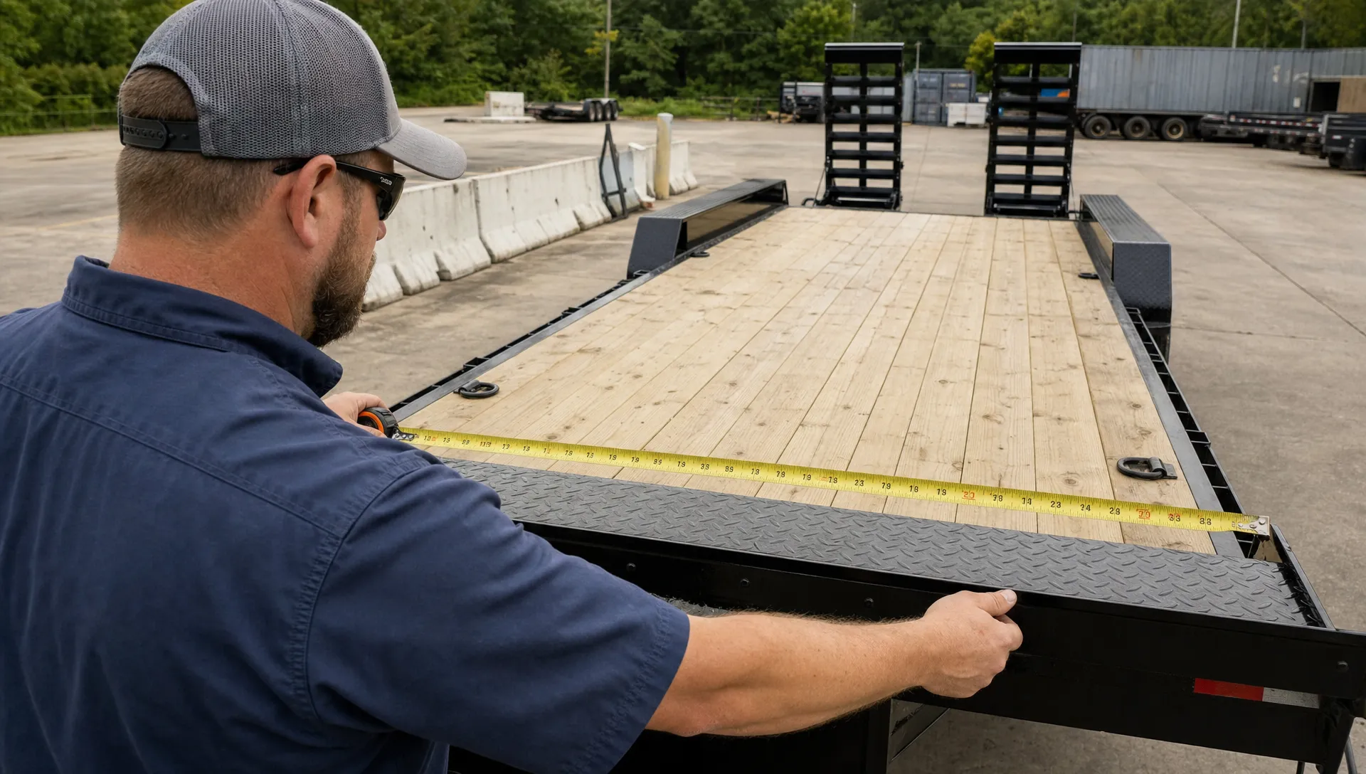 A technician measures the deck of a gooseneck equipment trailer while checking whether its dimensions suit a buyer’s load.