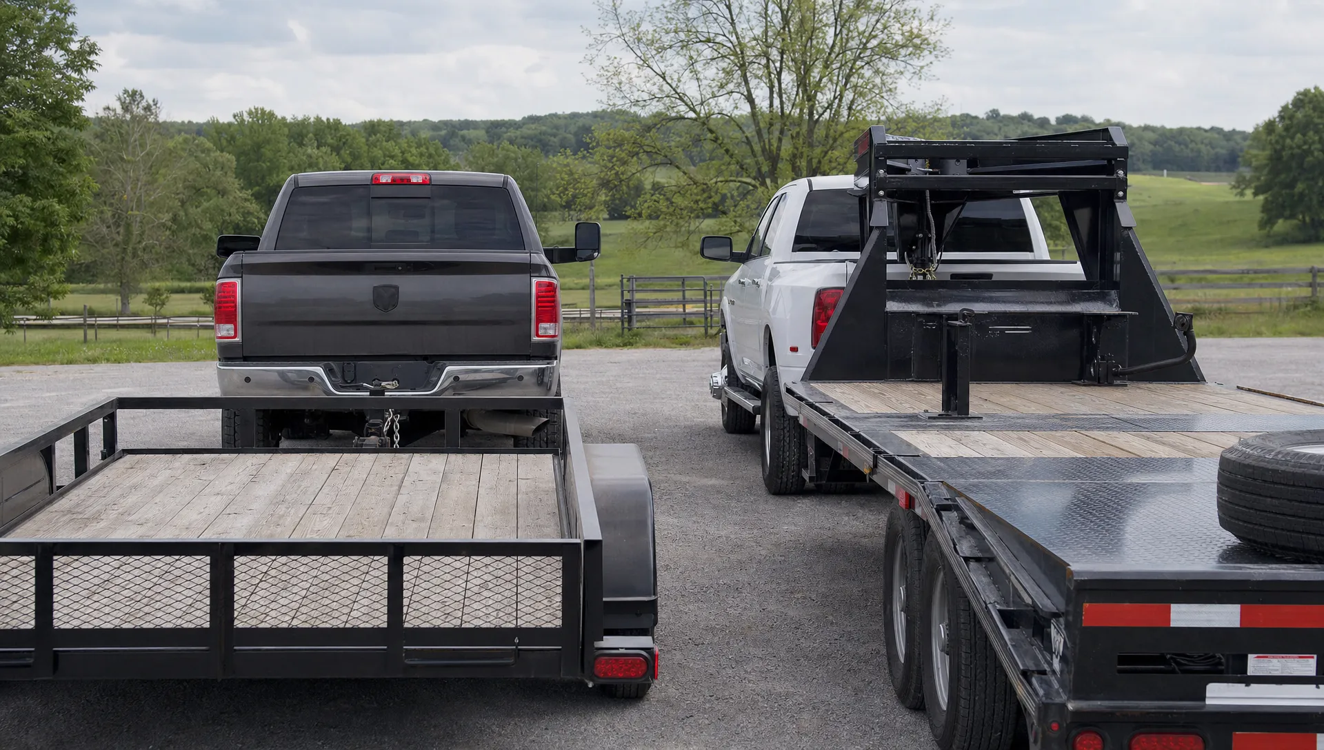 A bumper pull trailer behind one pickup and a gooseneck trailer in another pickup’s bed show the two hitch locations side by side.