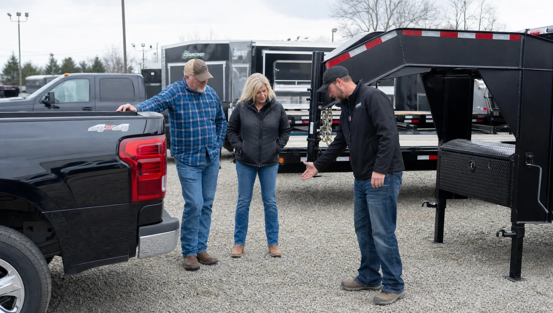 Buyers and a sales associate inspect a gooseneck hitch beside a pickup at the dealership.