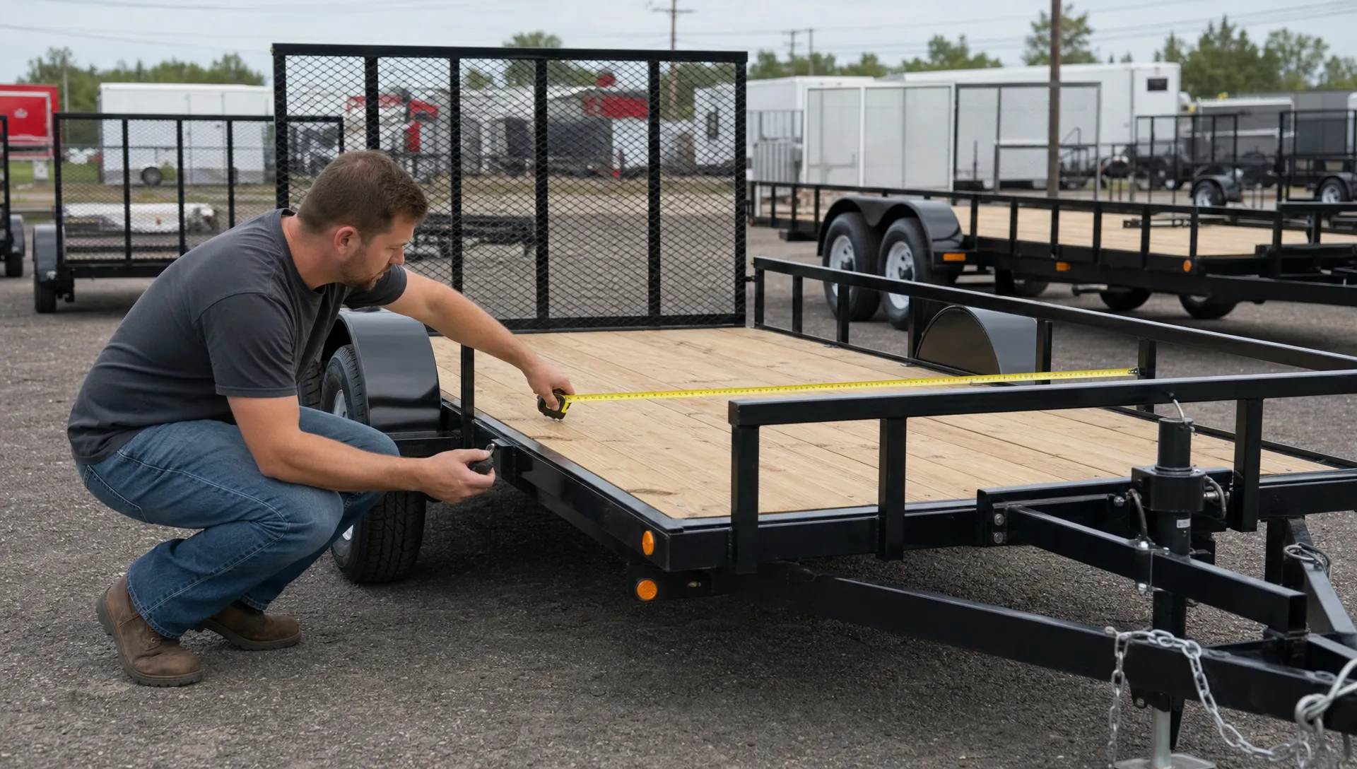 A buyer compares an open utility trailer on a dealership lot by checking the deck width, rear gate, tires and frame with a tape measure.