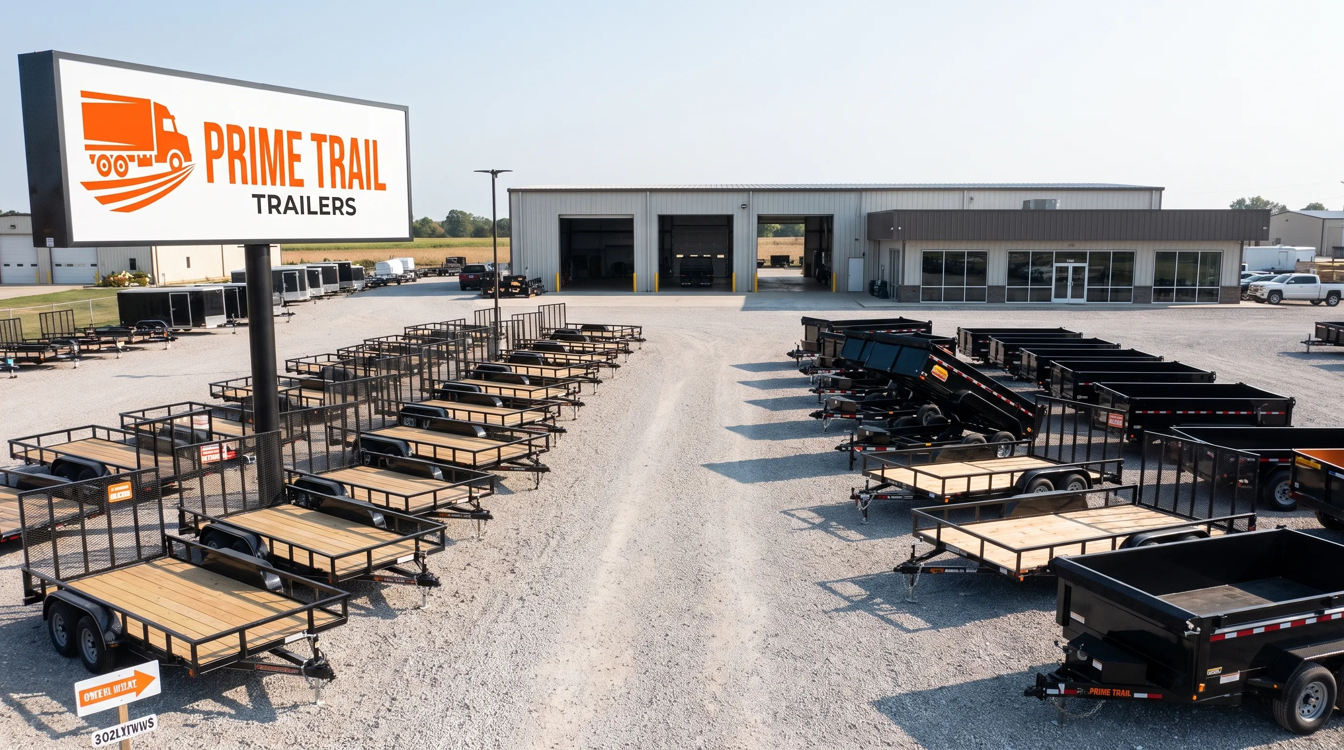Rows of utility trailers fill a dealership lot beside the office and service bay. Rows of utility trailers fill a dealership lot beside the office and service bay.