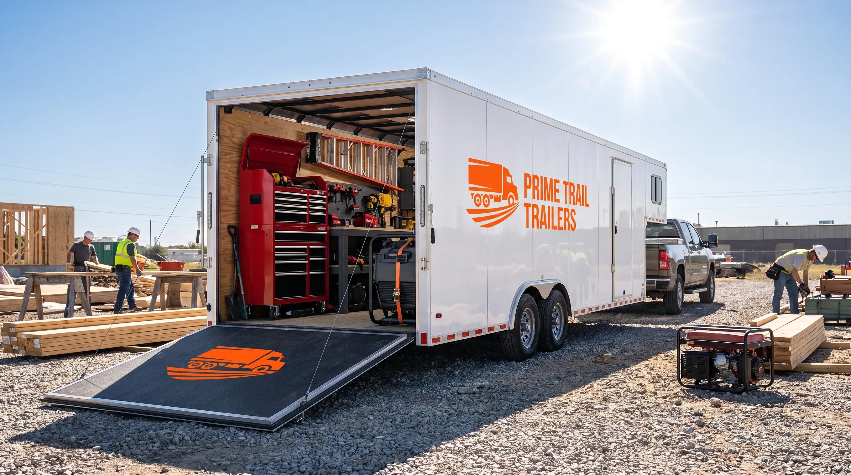 A gooseneck enclosed trailer at a jobsite with the rear ramp open, showing tool cabinets and strapped equipment inside.