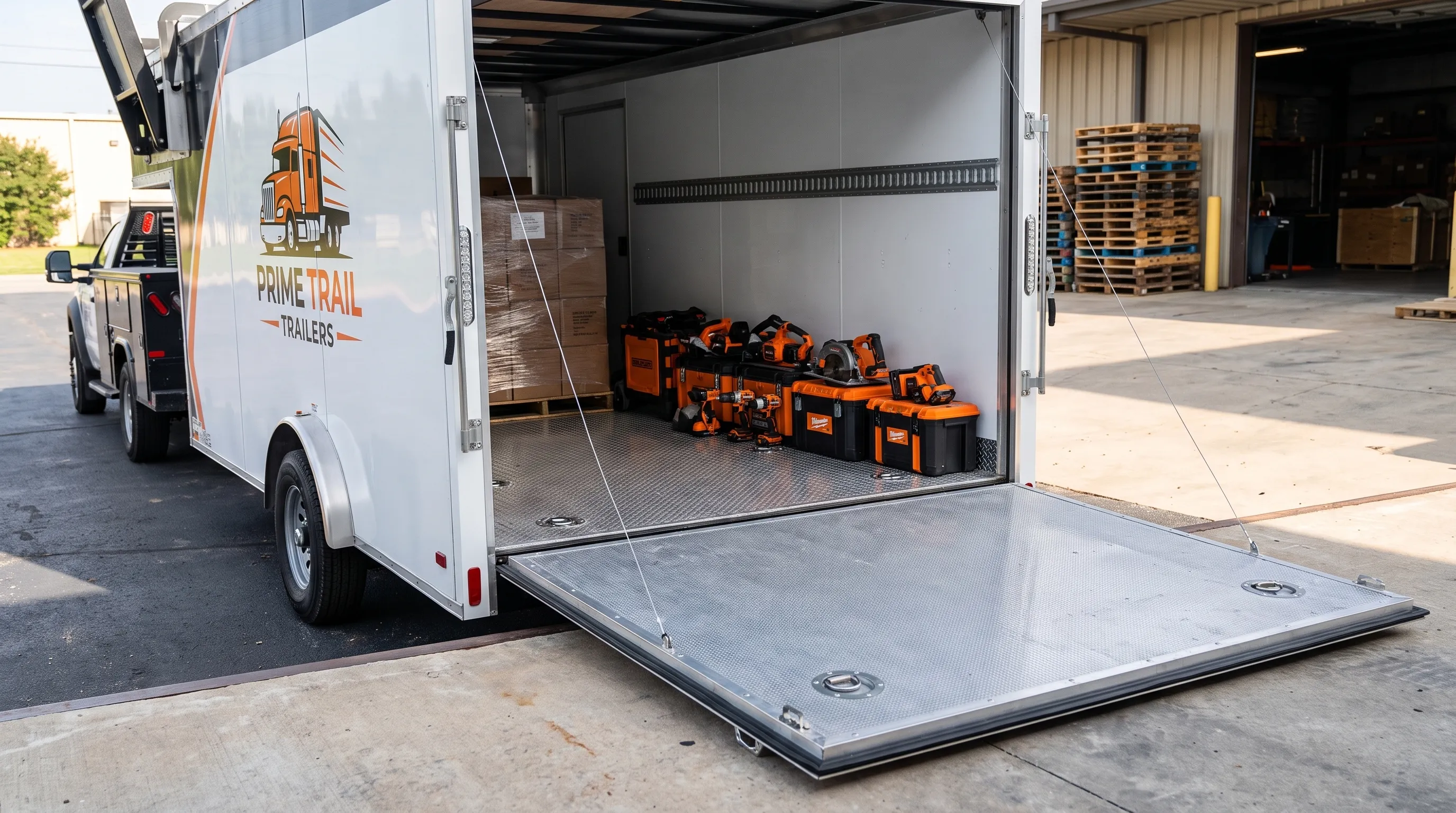 Close-up of a gooseneck enclosed trailer with its ramp open, showing tools and boxed cargo secured inside at a loading area.