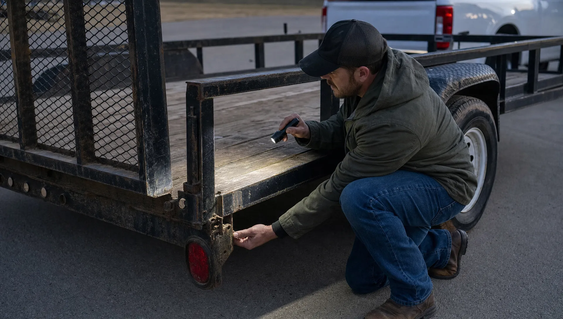 An adult buyer checks a used utility trailer’s ramp hinges, deck boards and rear tire with a flashlight on level pavement.
