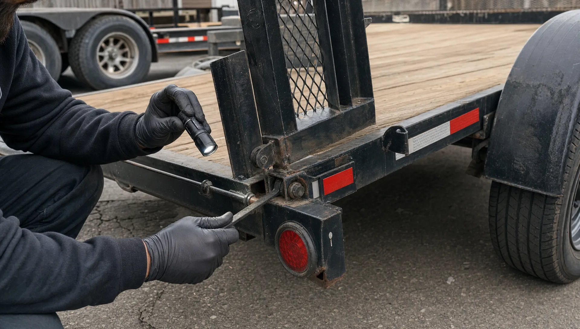 Gloved hands inspect a used utility trailer’s rear hinge and deck edge with a flashlight. Gloved hands inspect a used utility trailer’s rear hinge and deck edge with a flashlight.