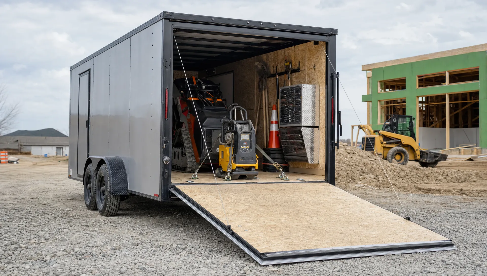 A heavy duty enclosed trailer sits on a gravel jobsite with its rear ramp lowered, showing the cargo floor, tie-down rings and secured contractor equipment inside.