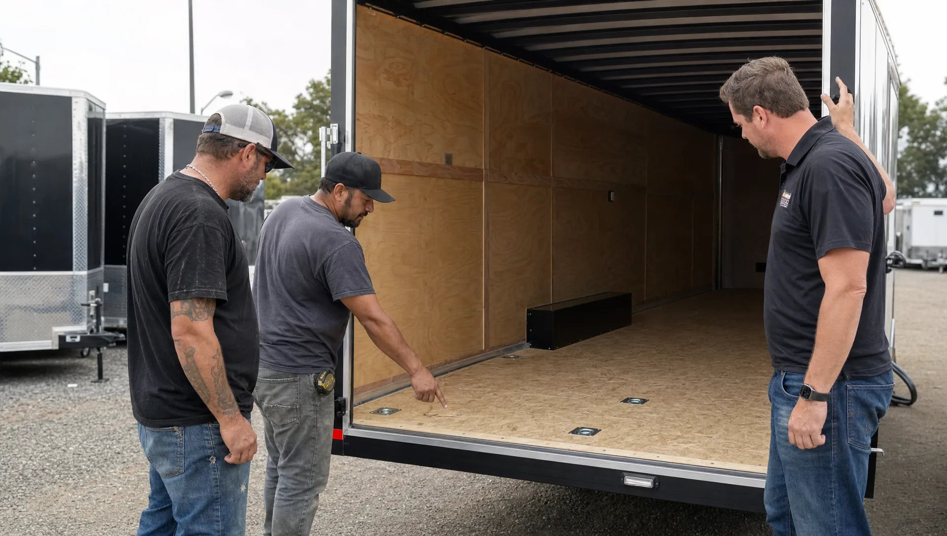 Two contractors and a sales staff member inspect a heavy duty enclosed trailer at the open rear door. Two contractors and a sales staff member inspect a heavy duty enclosed trailer at the open rear door.