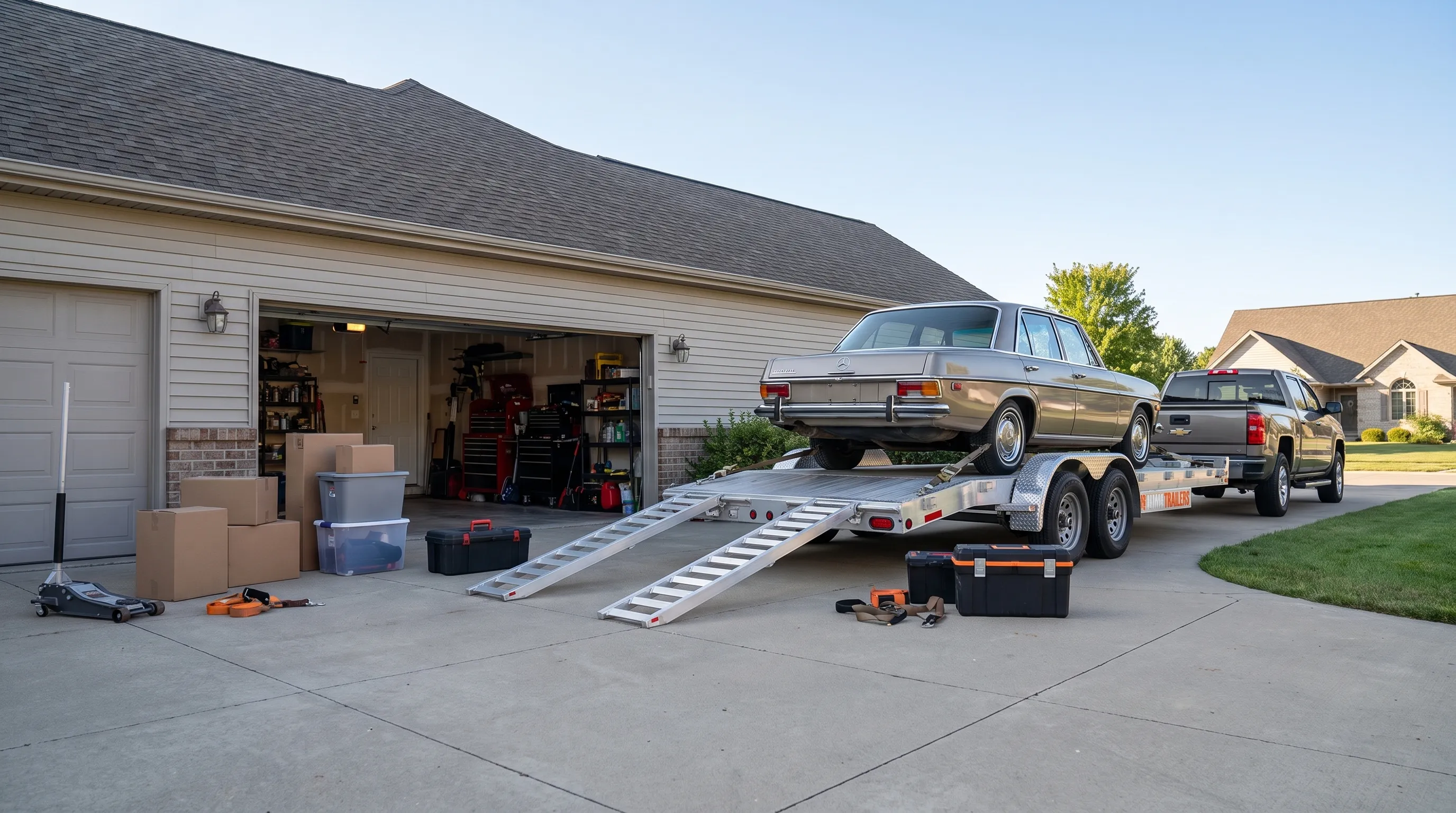 A vehicle trailer with a car attached sits in a residential driveway. A vehicle trailer with a car attached sits in a residential driveway.