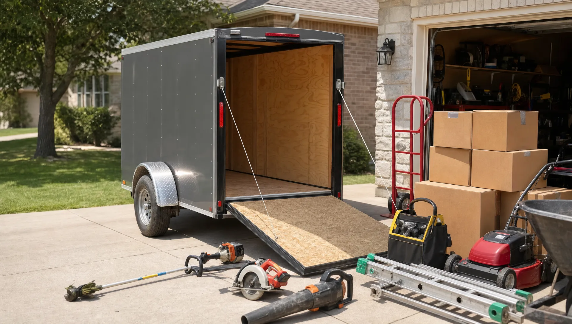A small enclosed cargo trailer in a driveway beside contractor tools, moving boxes and lawn equipment ready to load.