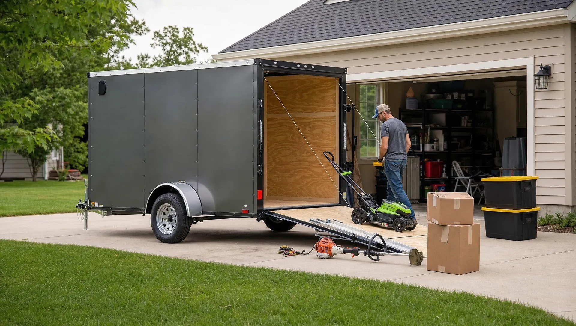 A small enclosed cargo trailer sits in a driveway beside lawn equipment, storage bins and moving boxes. A small enclosed cargo trailer sits in a driveway beside lawn equipment, storage bins and moving boxes.