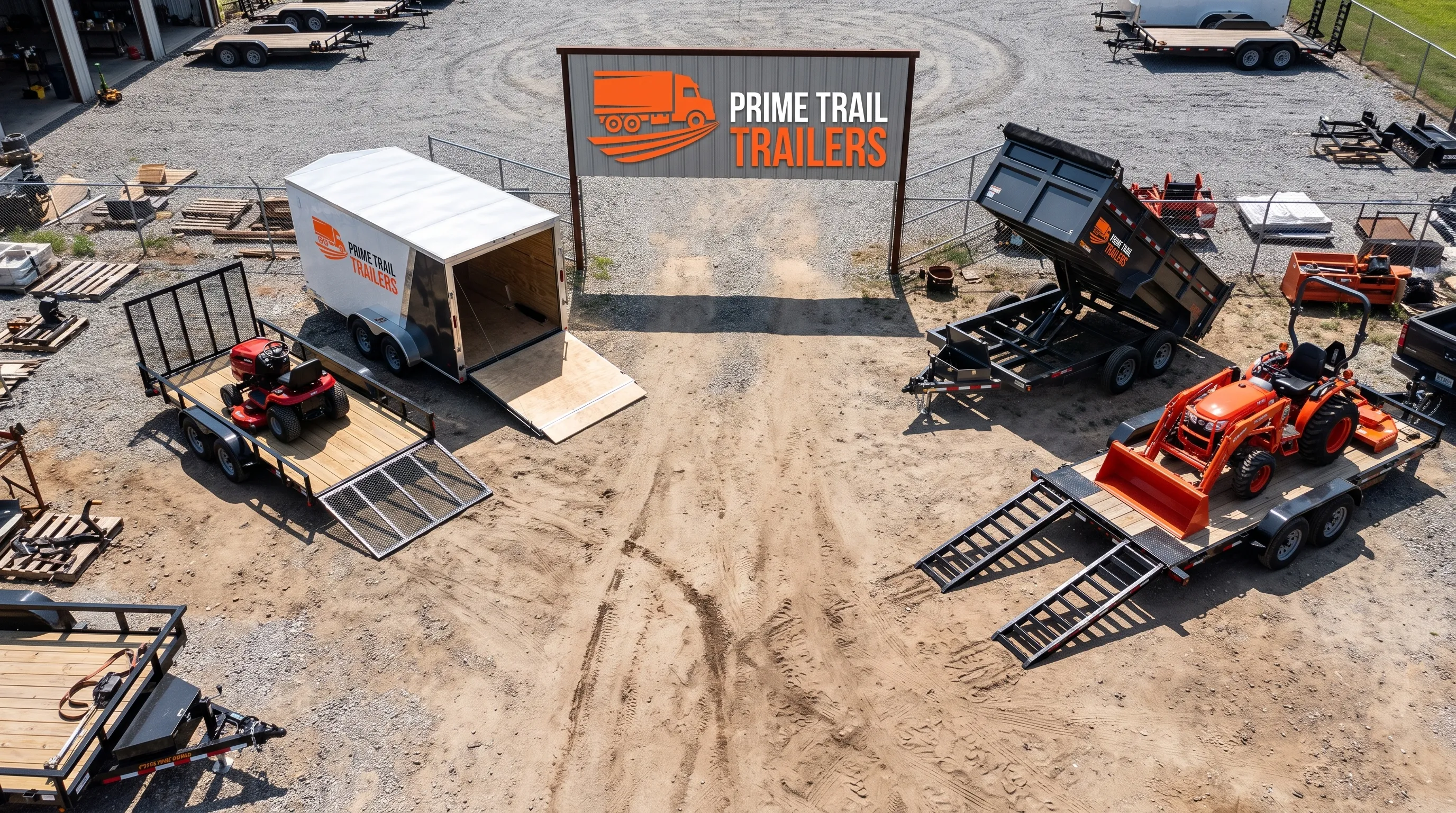 An overhead view of a working yard shows an open utility trailer carrying a mower, an enclosed cargo trailer, a dump trailer, and an equipment trailer carrying a compact tractor, each with its loading setup visible.