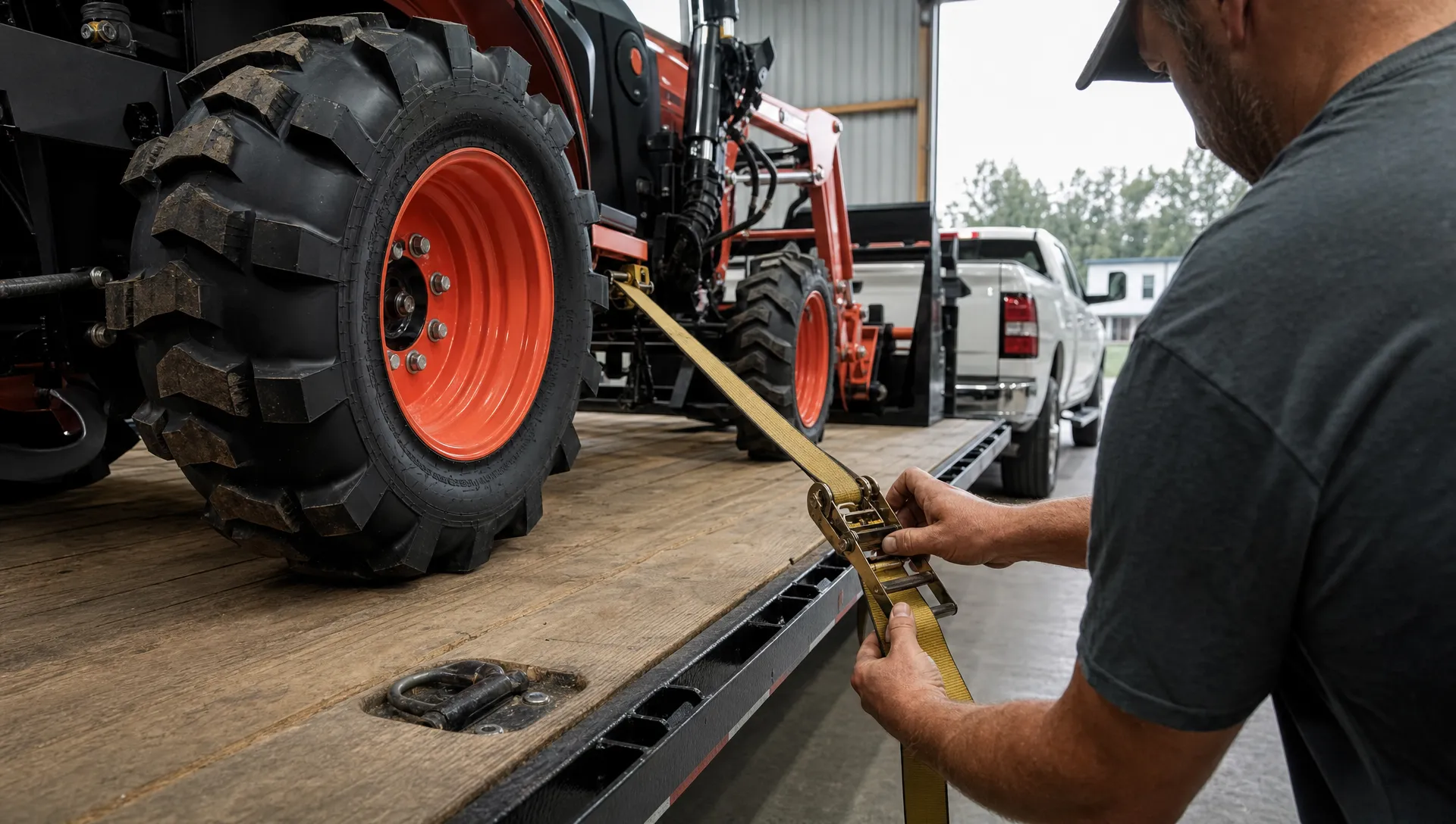An operator secures a compact tractor to an equipment trailer with a ratchet strap before towing it with a pickup.