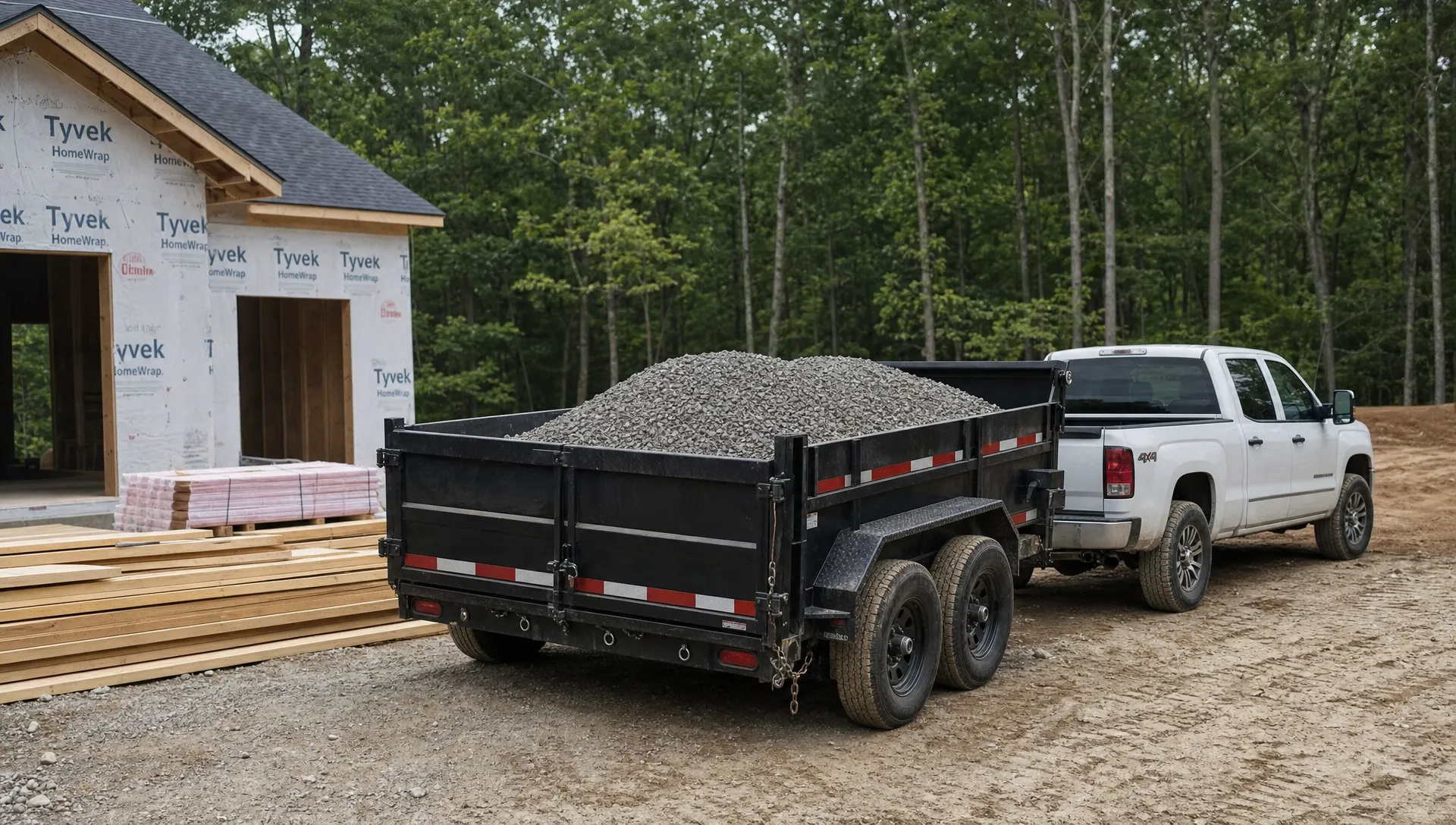 A dump trailer loaded with gravel sits beside stacks of lumber and a pickup truck at a job site.