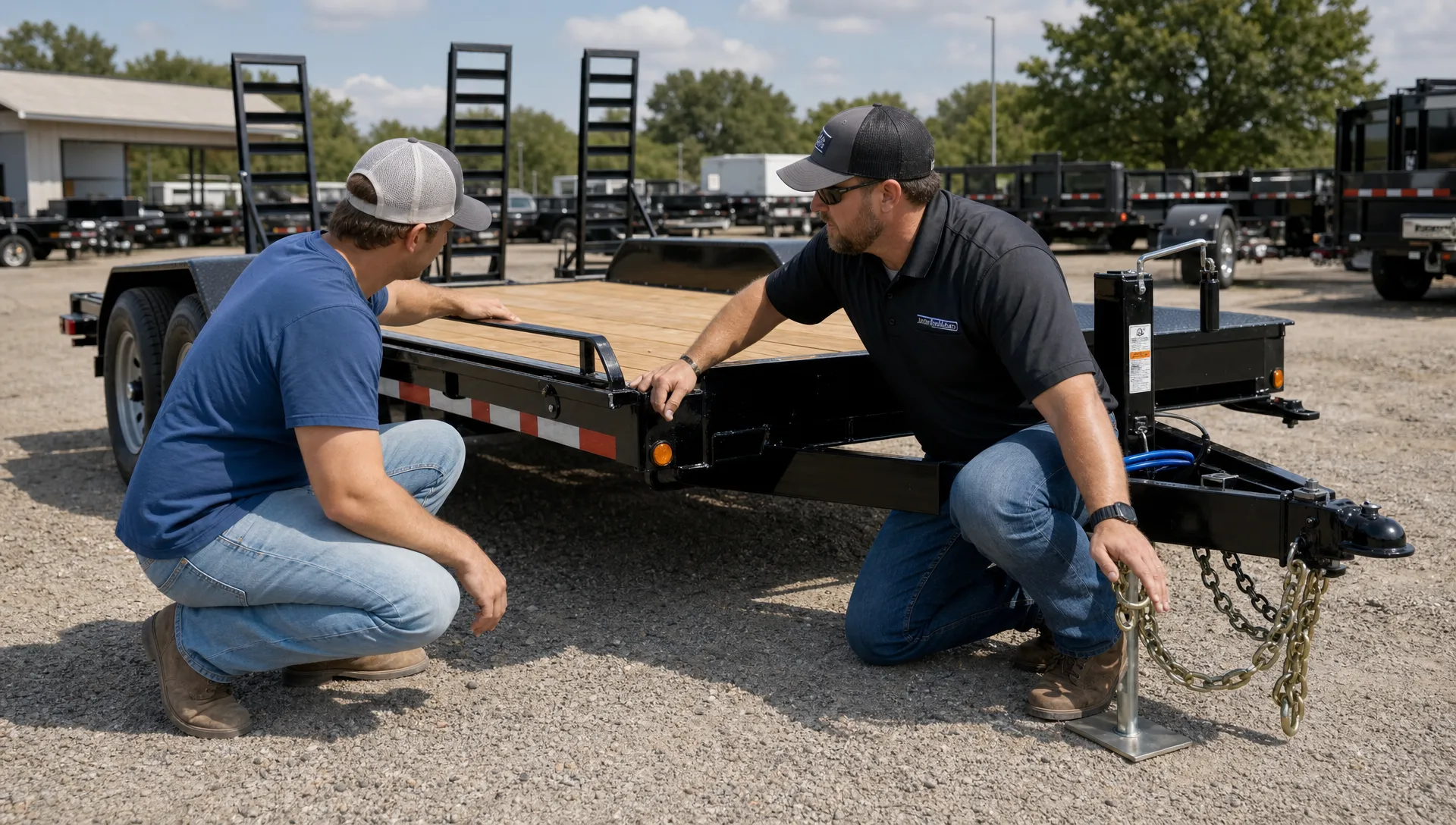 A customer and trailer specialist inspecting a flatbed equipment trailer in a dealership lot, checking tires, coupler, deck surface and safety chains.