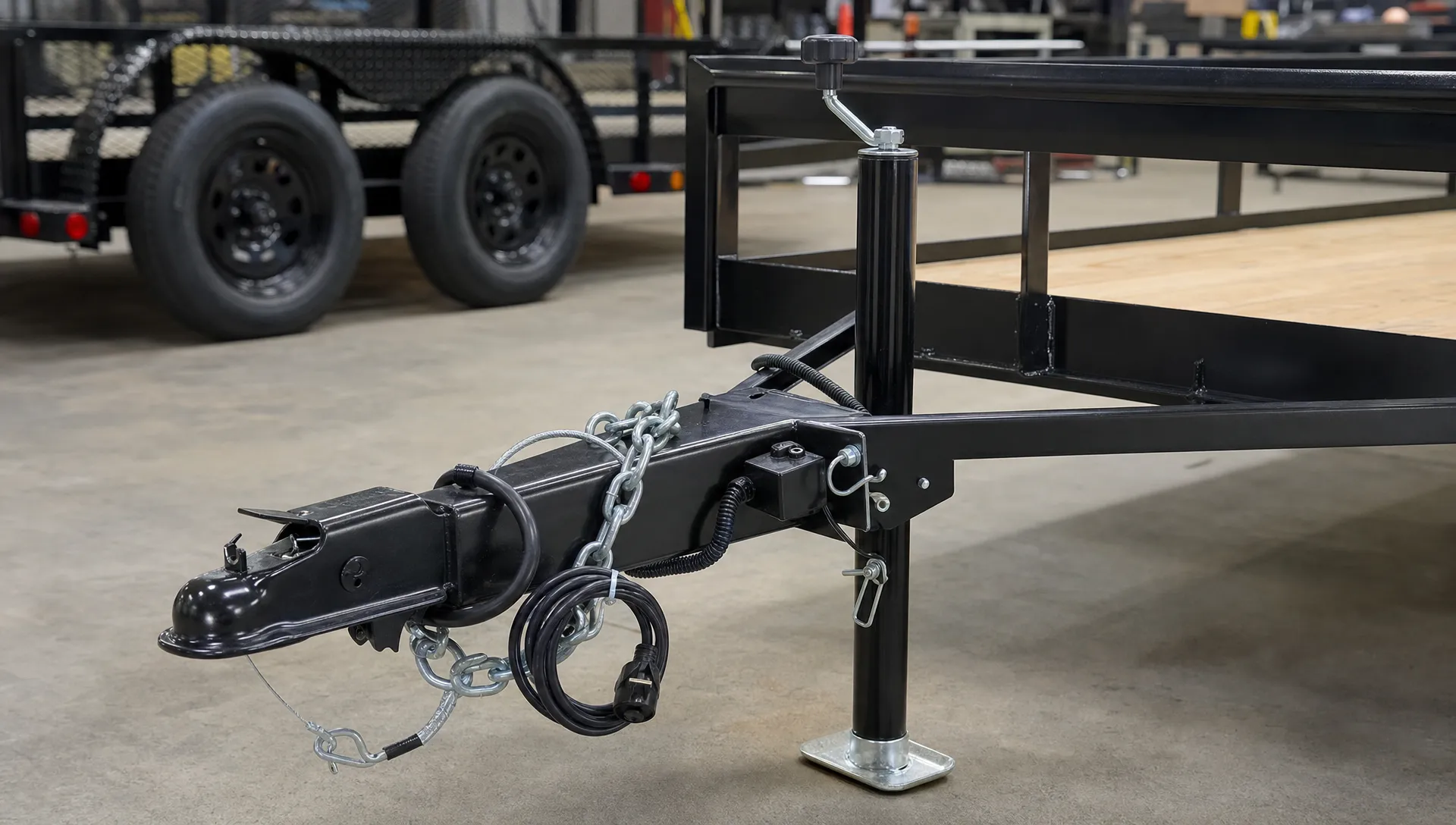 Close-up of a trailer hitch area with coupler, chains, jack and wiring ready for sale.