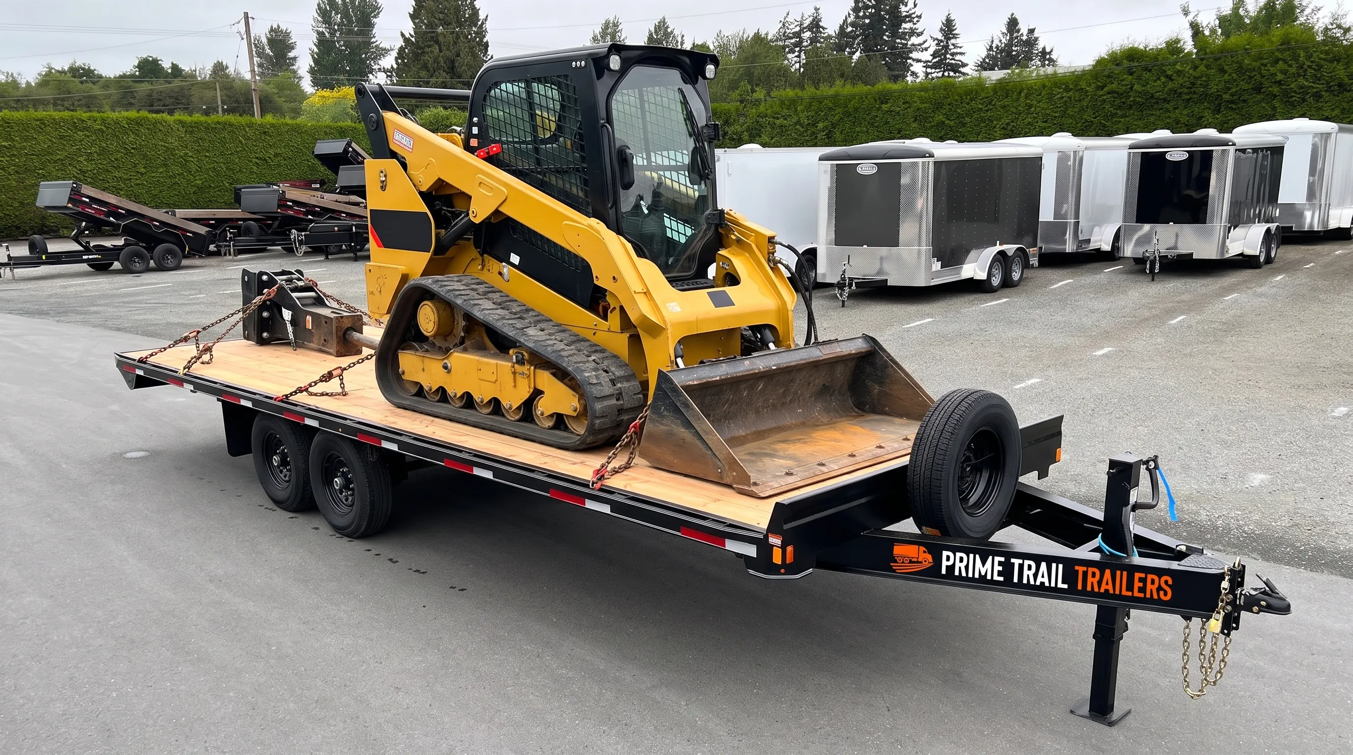 An equipment hauler on level gravel carries a compact track loader secured with four chains and binders, with its bucket lowered and an extra attachment secured on deck.