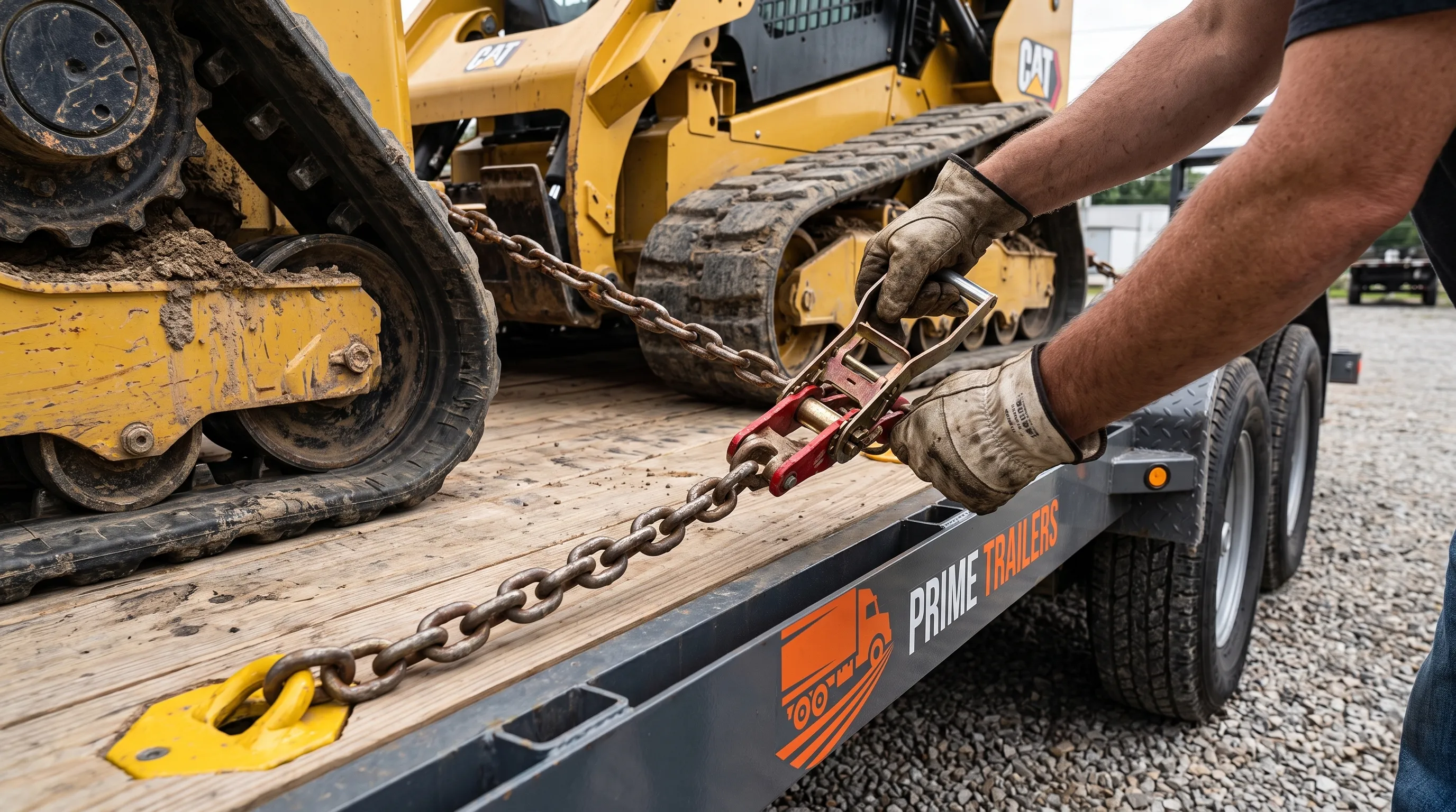 Gloved hands tighten a chain binder on a loaded equipment trailer beside the loader track. Gloved hands tighten a chain binder on a loaded equipment trailer beside the loader track.